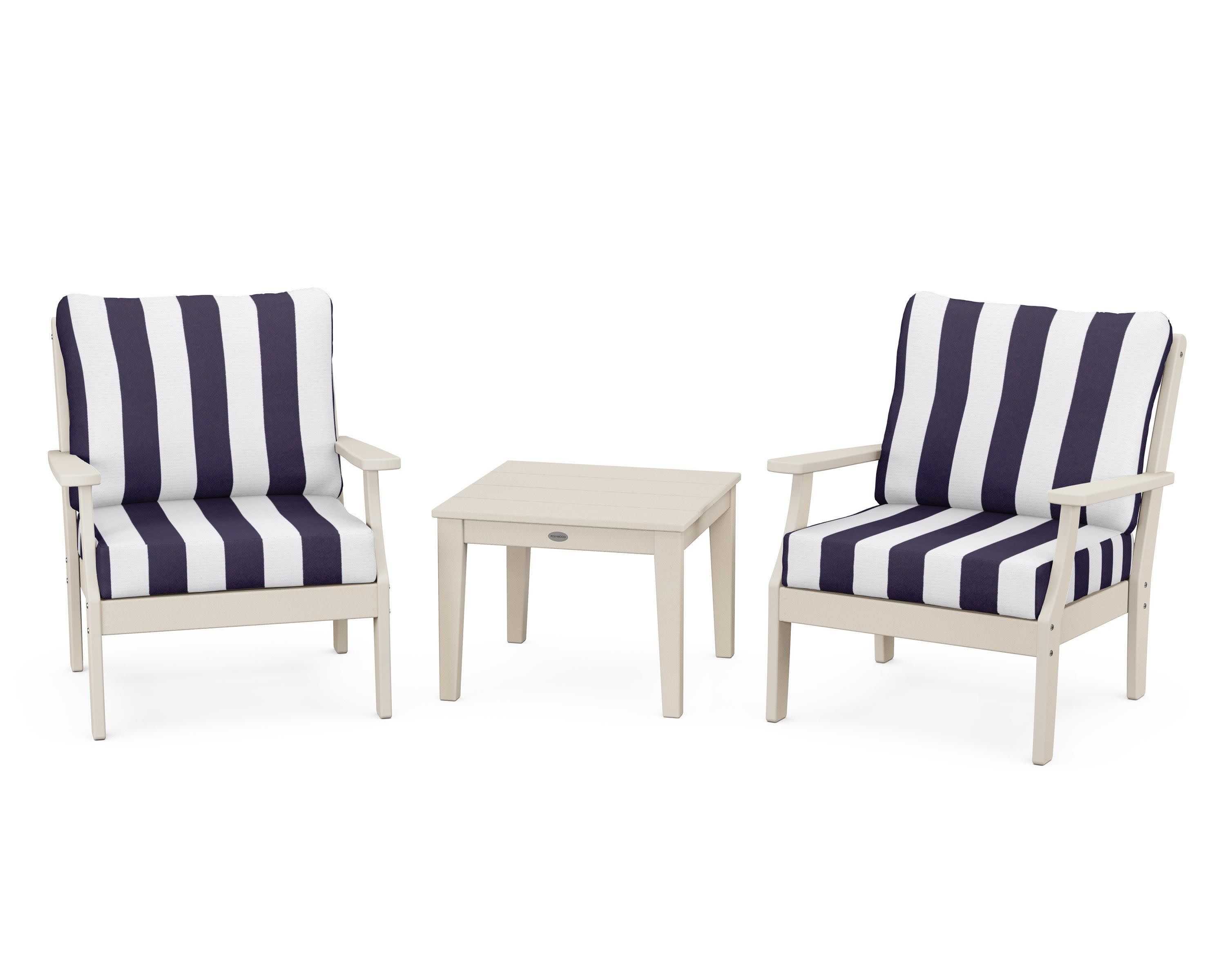 Braxton 3-Piece Deep Seating Set in Sand / Cabana Stripe Navy