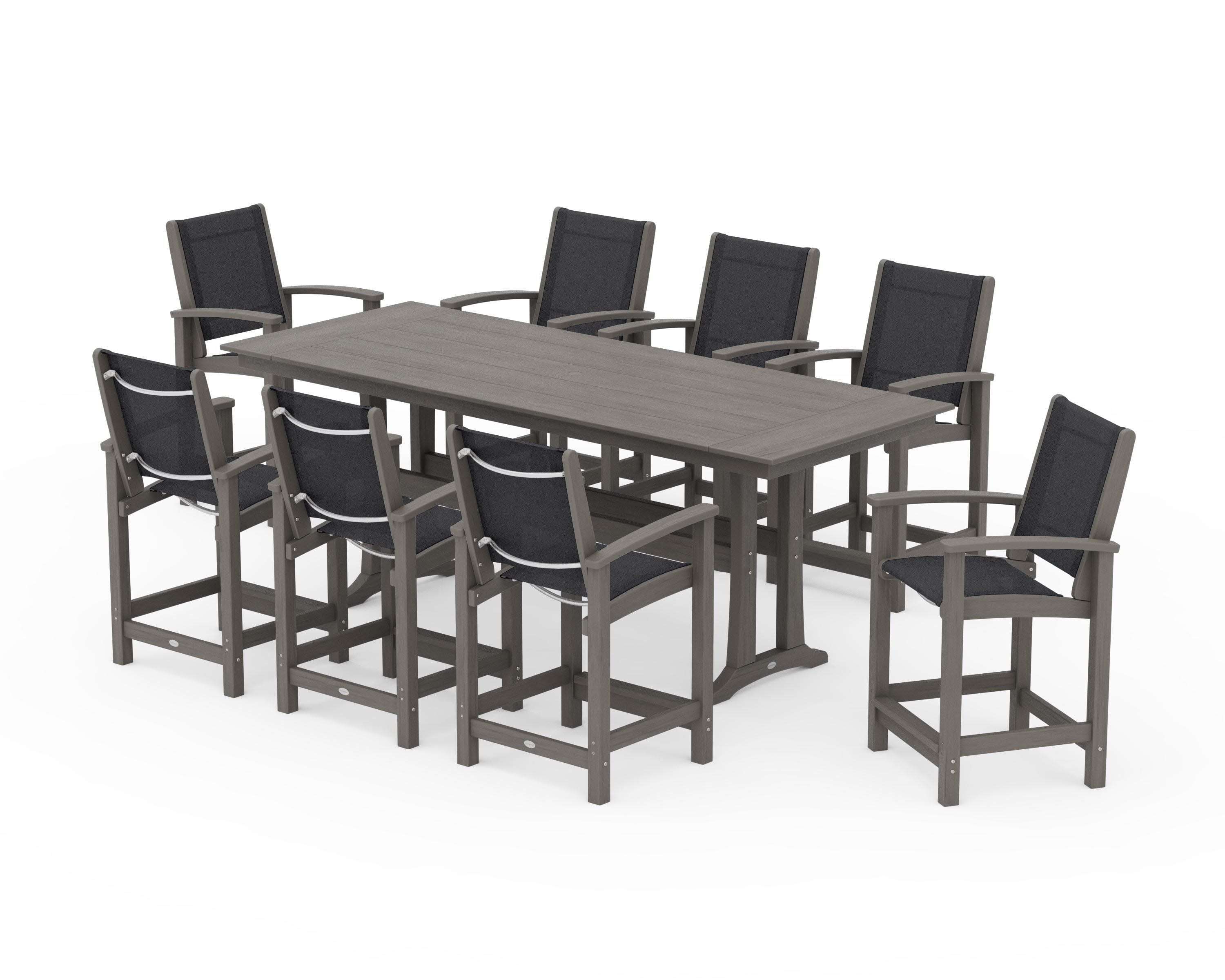 Coastal 9-Piece Farmhouse Counter Set with Trestle Legs in Driftwood / Black Sling