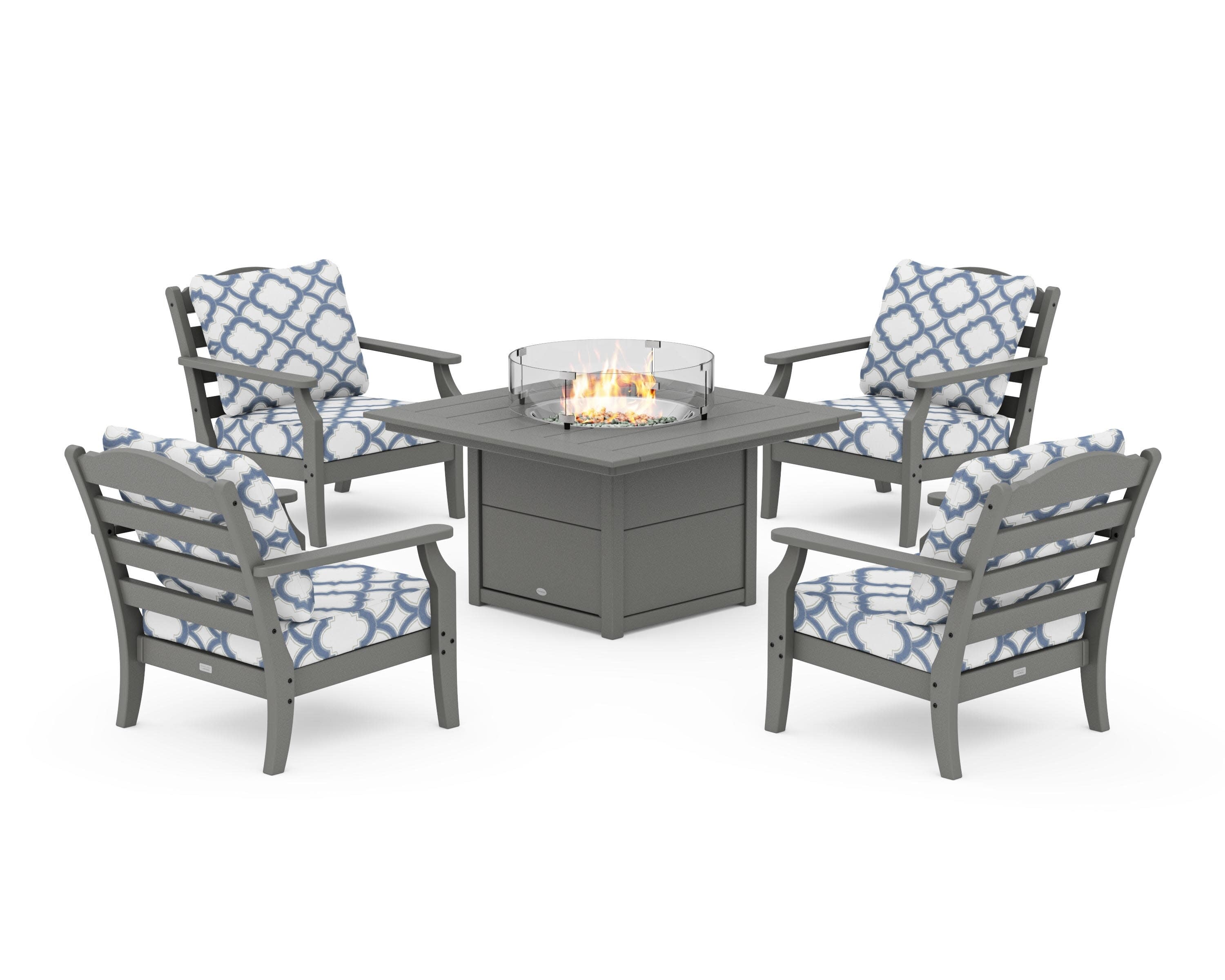 Savannah 5-Piece Deep Seating Set with Fire Pit Table in Slate Grey / Trellis Sky Blue