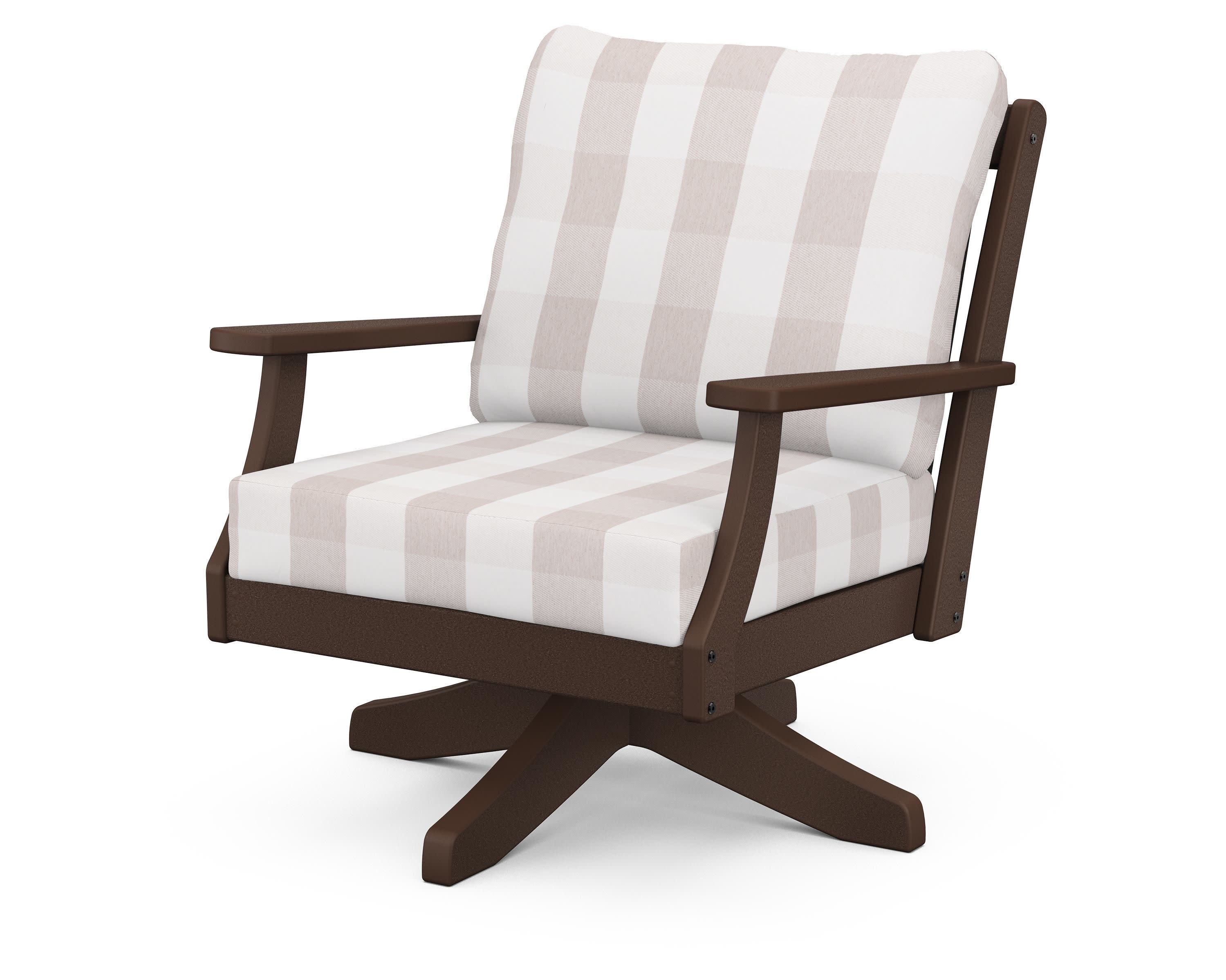 Braxton Deep Seating Swivel Chair in Mahogany / Buffalo Plaid Dune Burlap