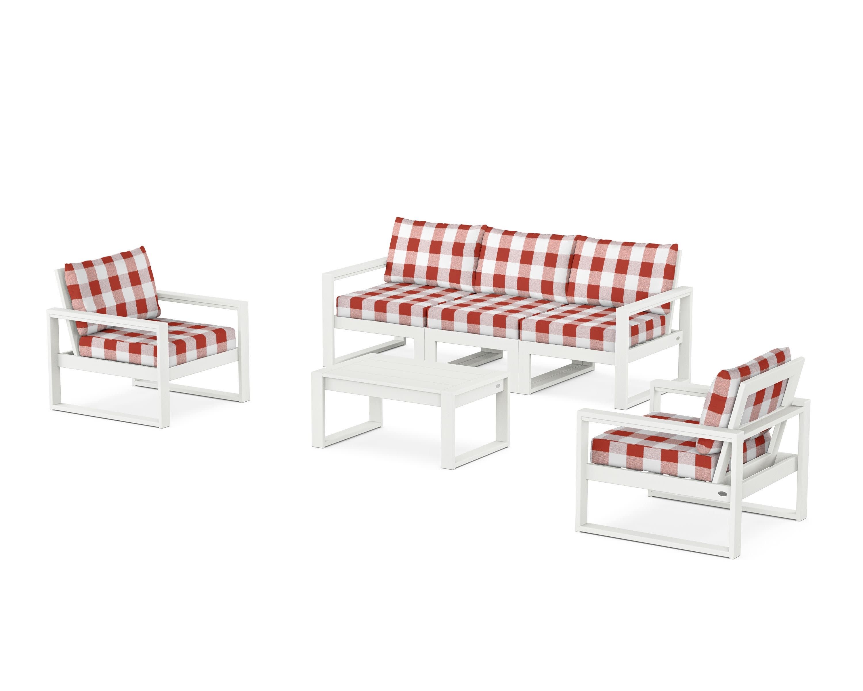 EDGE Sectional 4-Piece Deep Seating Set with Sofa in Vintage White / Buffalo Plaid Crimson