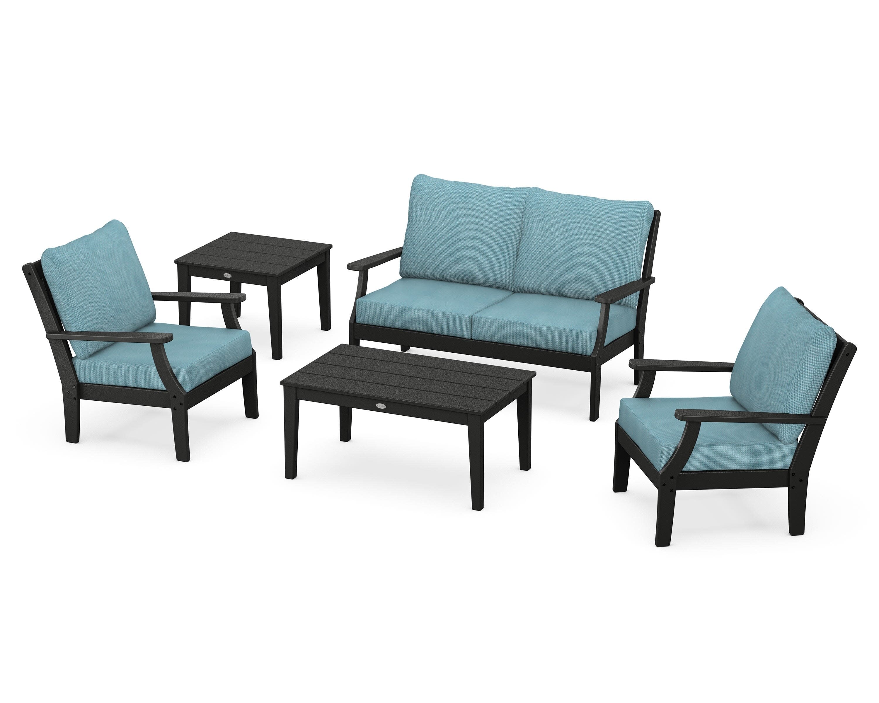 Braxton 5-Piece Deep Seating Set in Black / Lattice Sky Blue