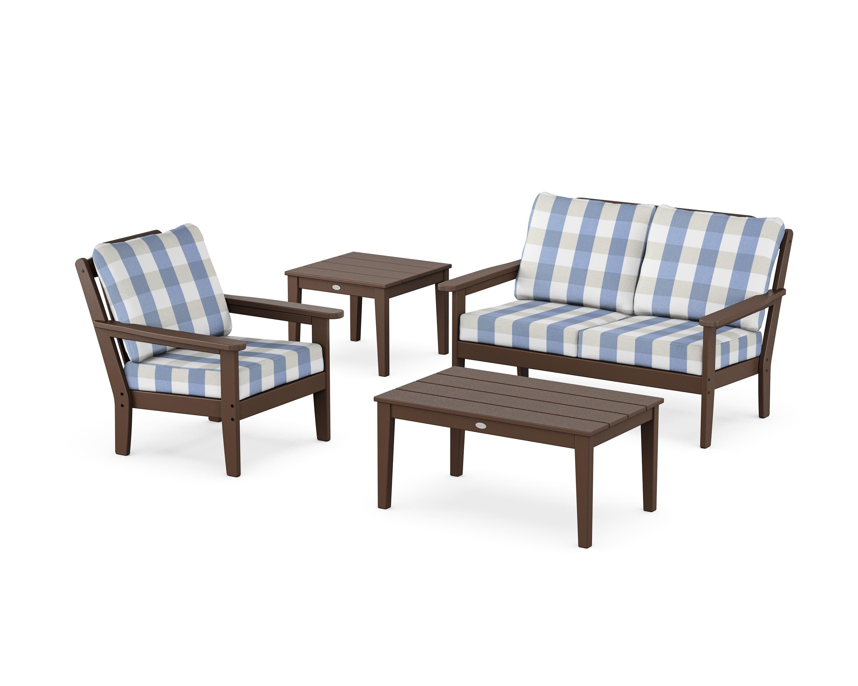 Wovendale 4-Piece Deep Seating Set in Mahogany / Buffalo Plaid Sky Blue