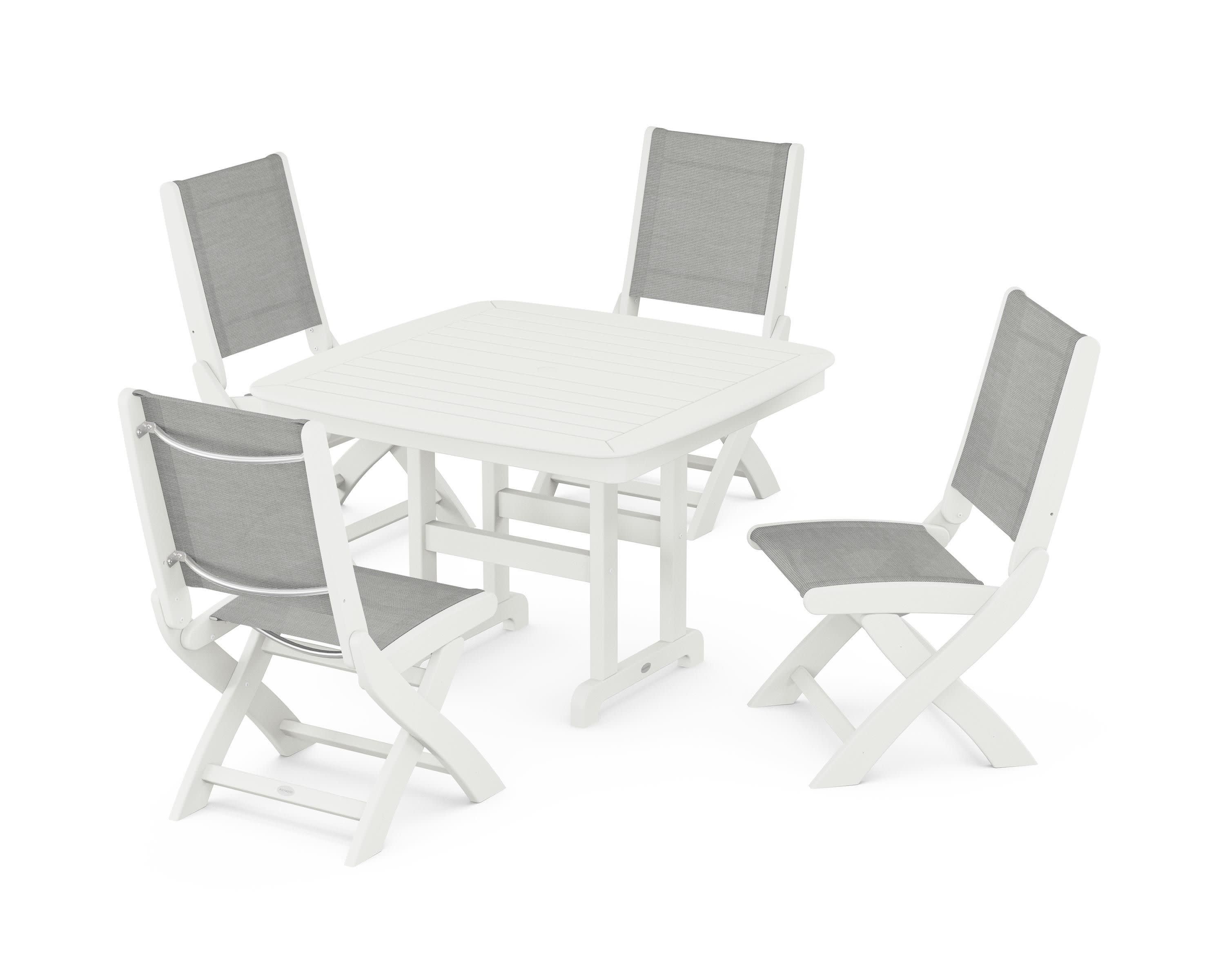 Coastal Folding Side Chair 5-Piece Dining Set in Vintage White / Metallic Sling
