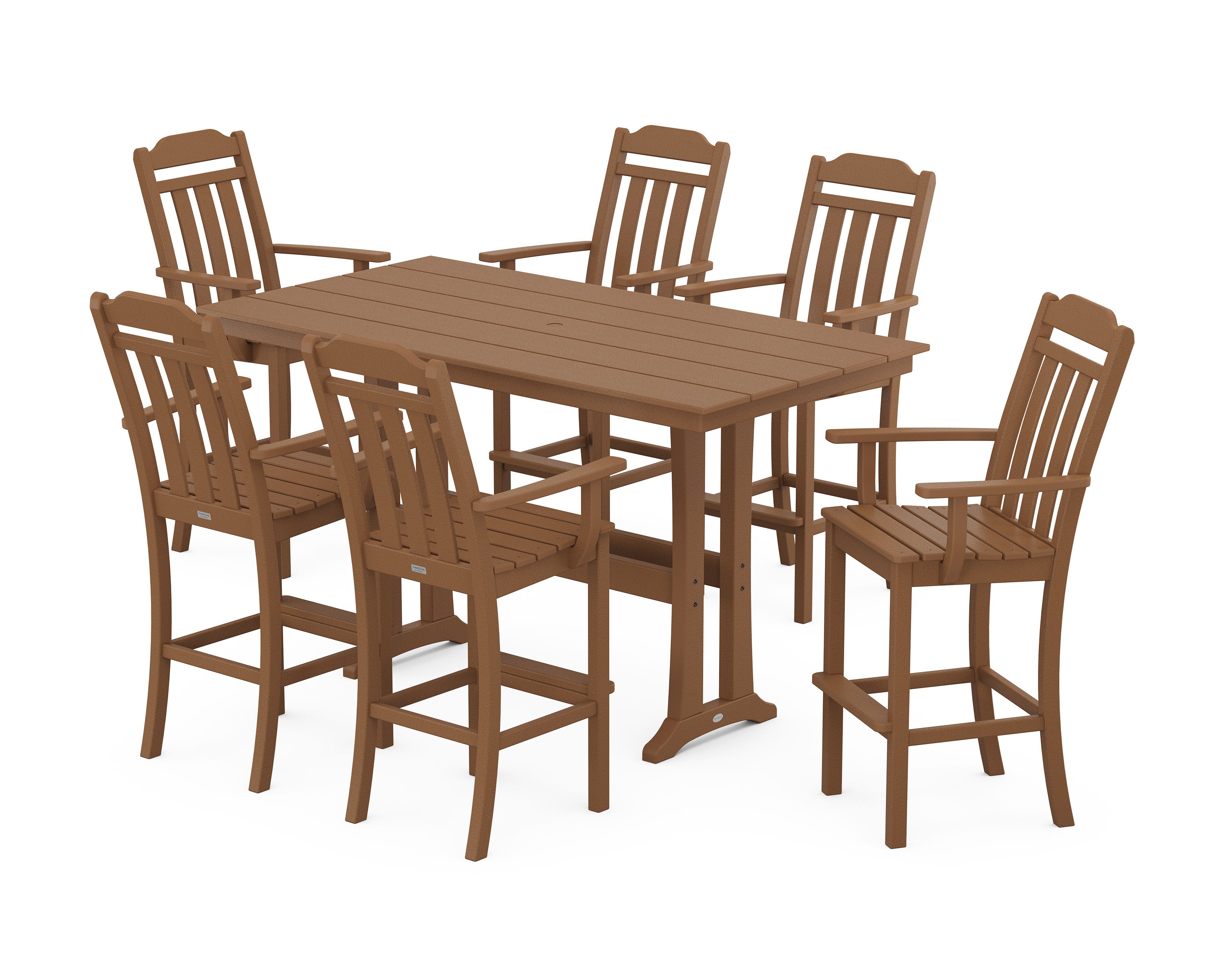 Cottage Arm Chair 7-Piece Farmhouse Bar Set with Trestle Legs in Teak