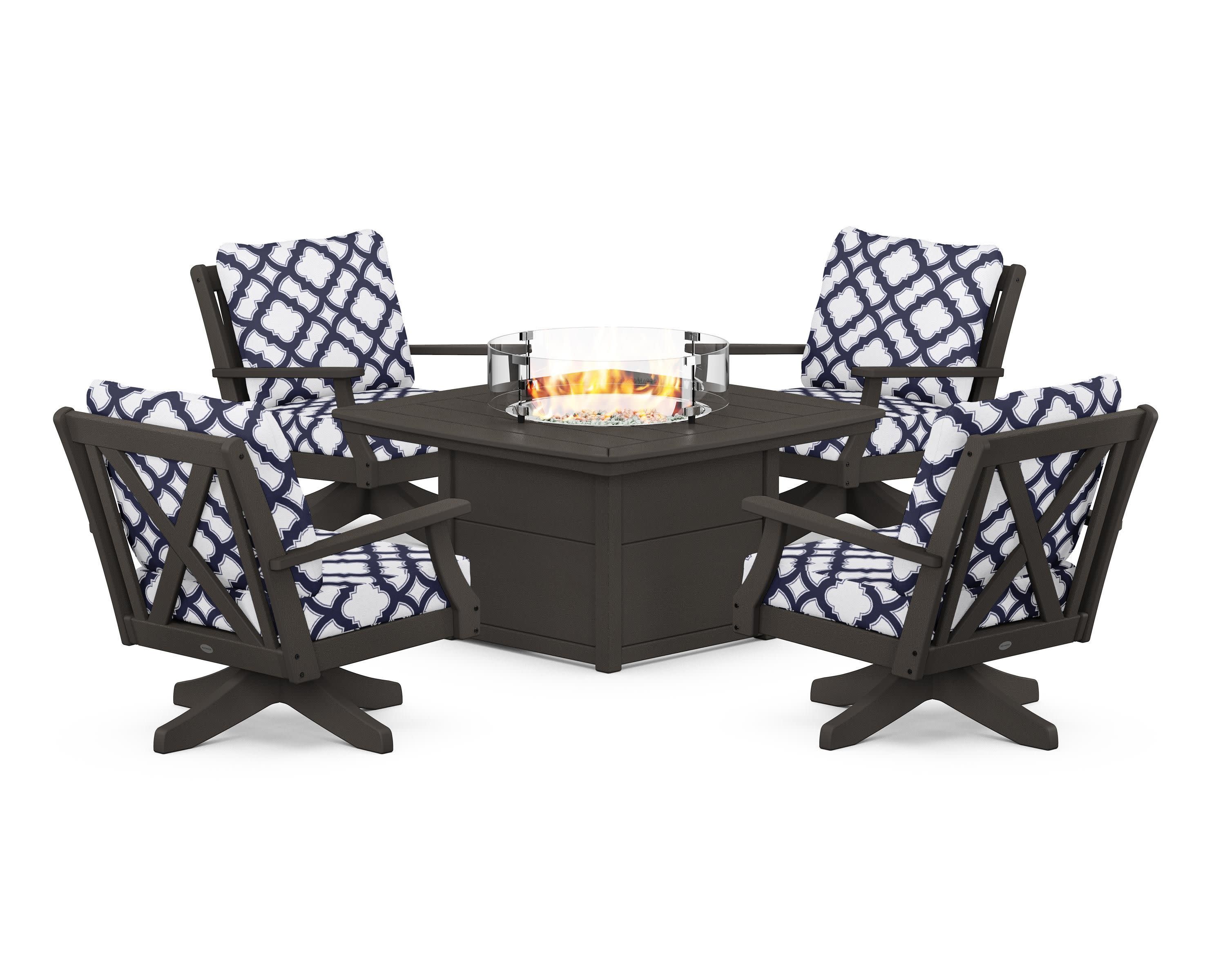 Braxton 5-Piece Deep Seating Swivel Conversation Set with Fire Pit Table in Vintage Coffee / Trellis Navy