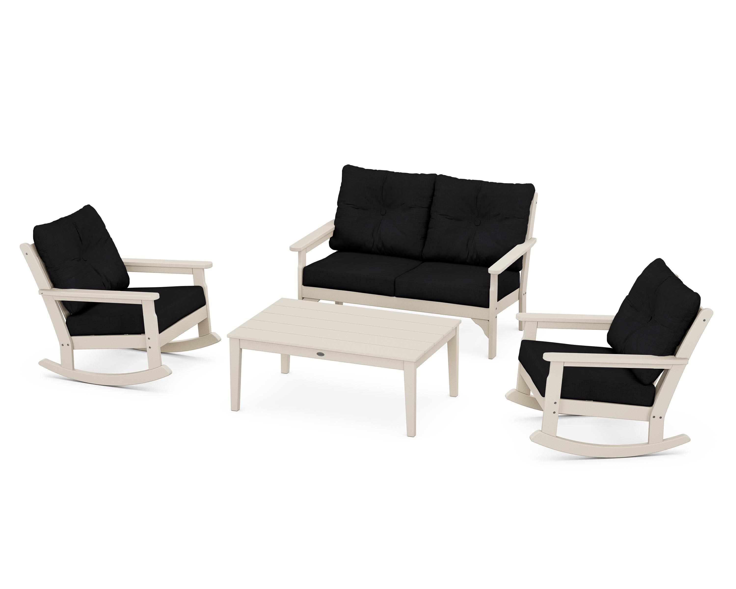 Vineyard 4-Piece Deep Seating Rocking Chair Set in Sand / Midnight Linen