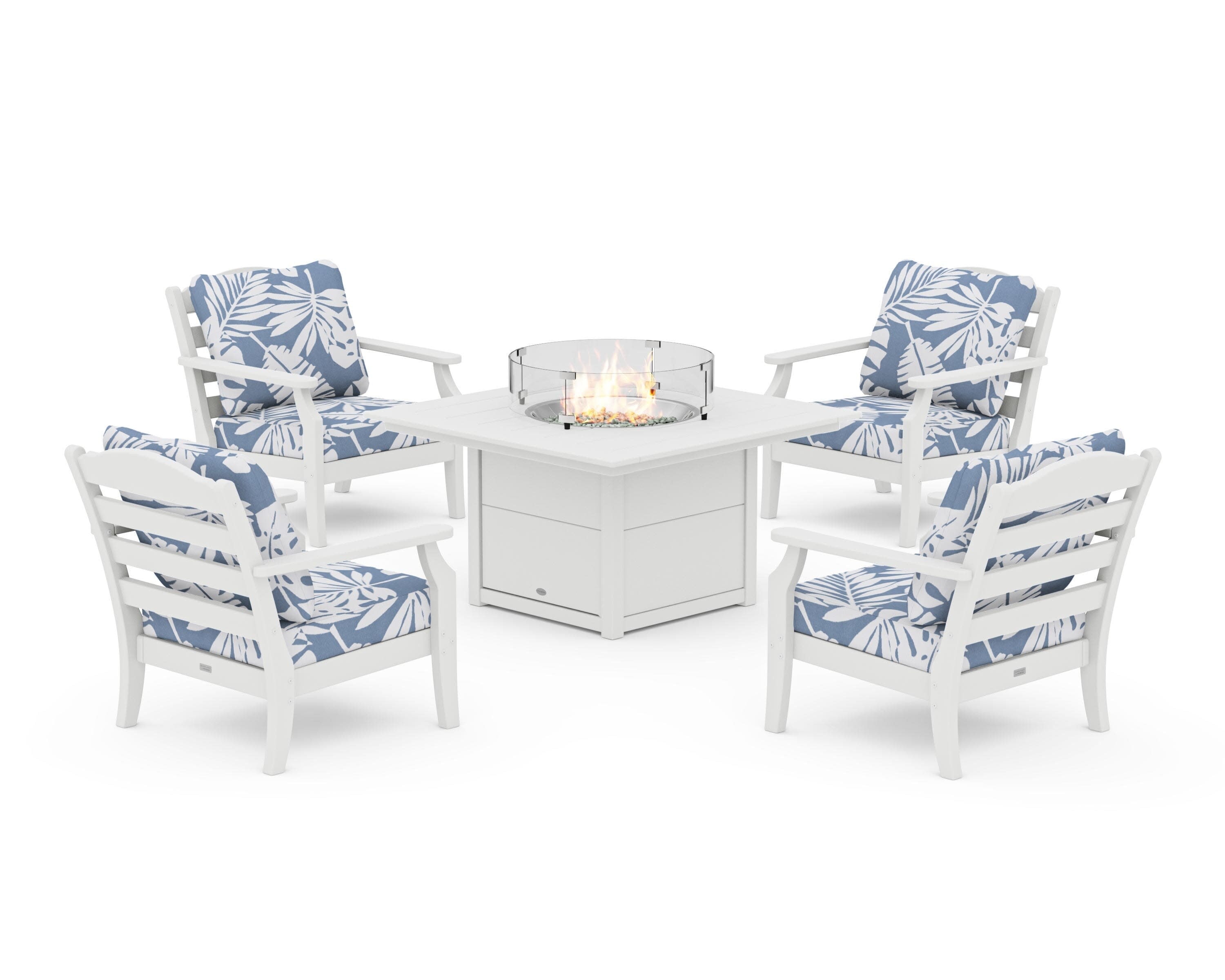 Savannah 5-Piece Deep Seating Set with Fire Pit Table in White / Leaf Sky Blue