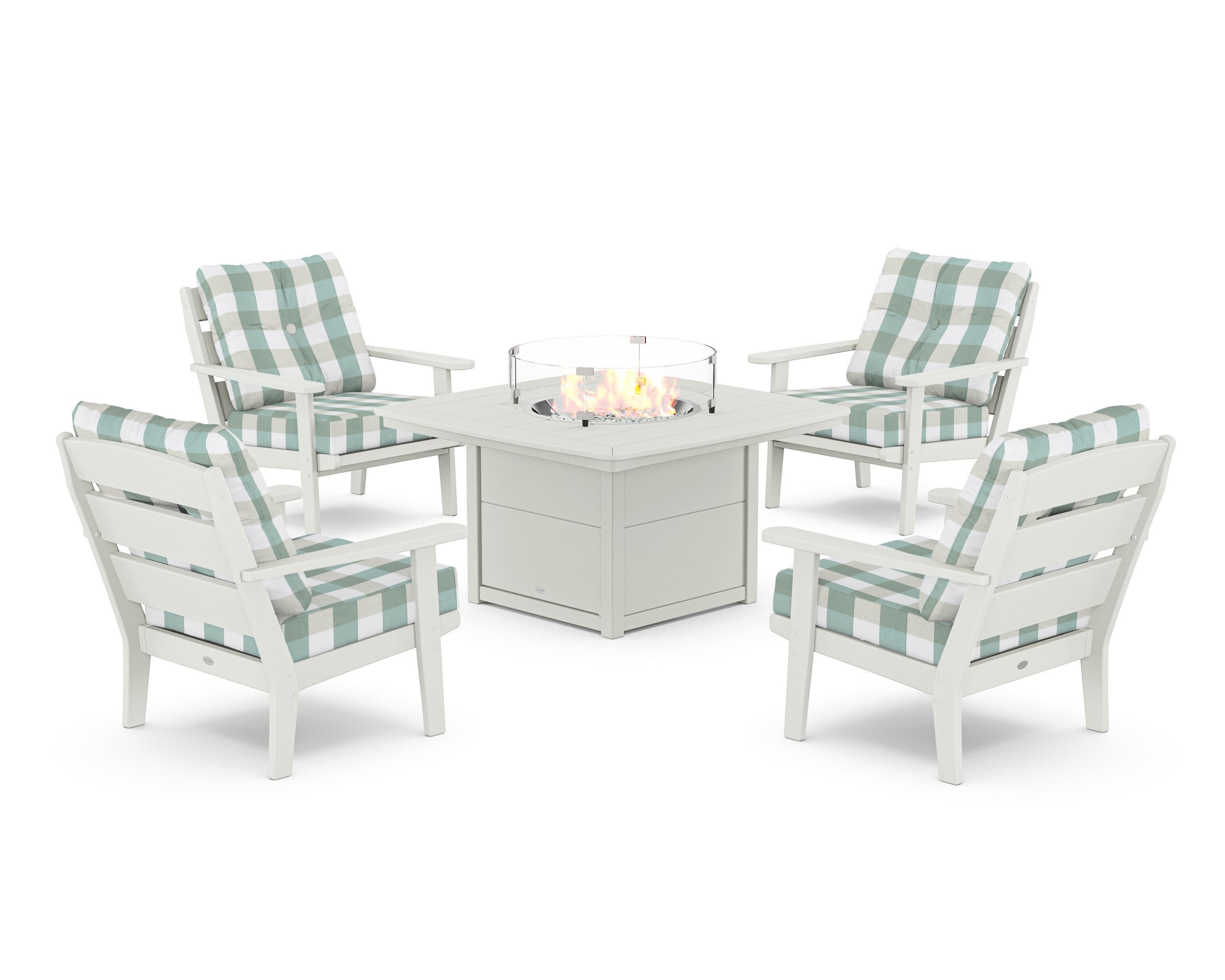 Lakeside 5-Piece Deep Seating Set with Nautical Fire Pit Table in Vintage White / Buffalo Plaid Glacier Spa