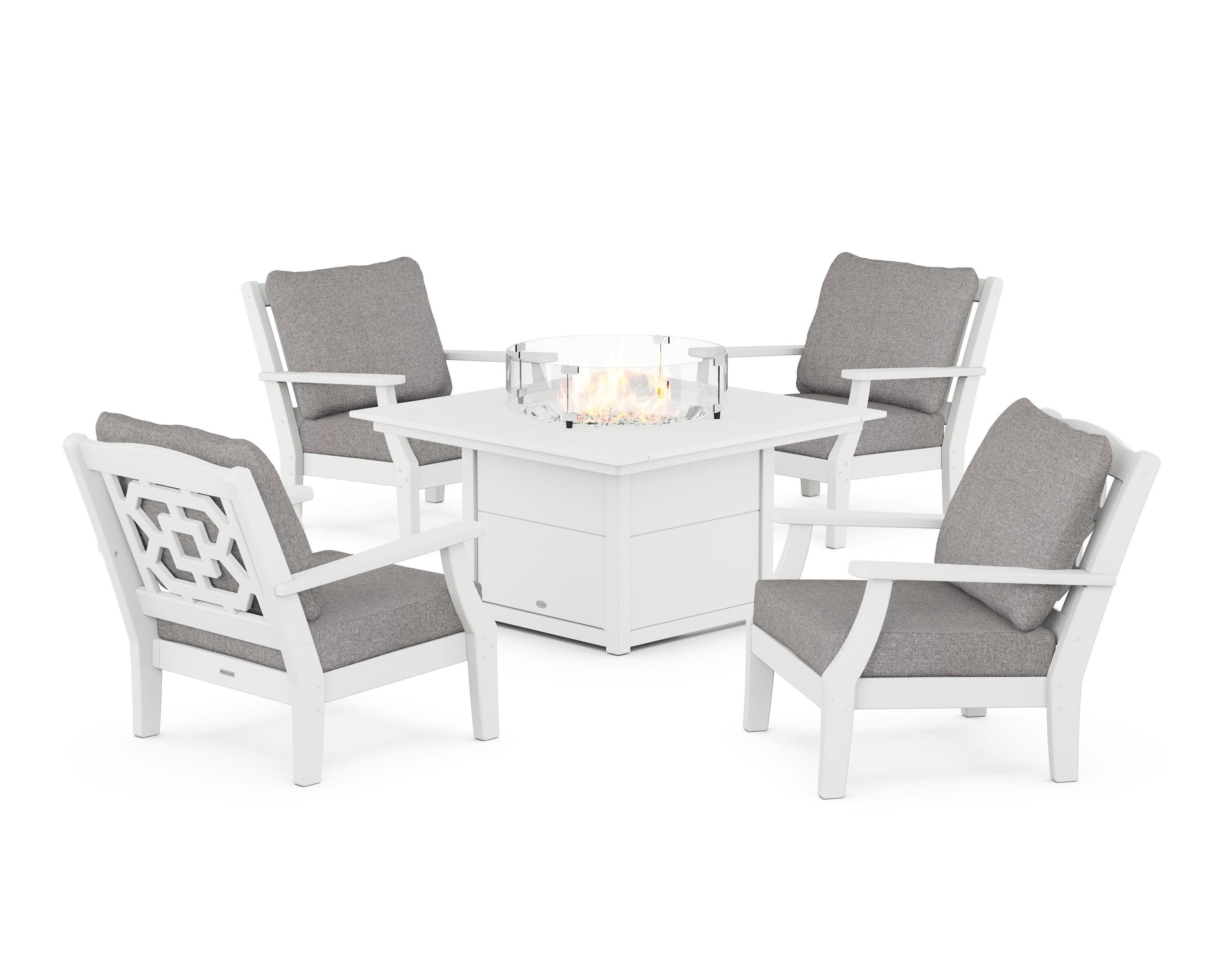 Chinoiserie 5-Piece Deep Seating Set with Fire Pit Table in White / Grey Mist