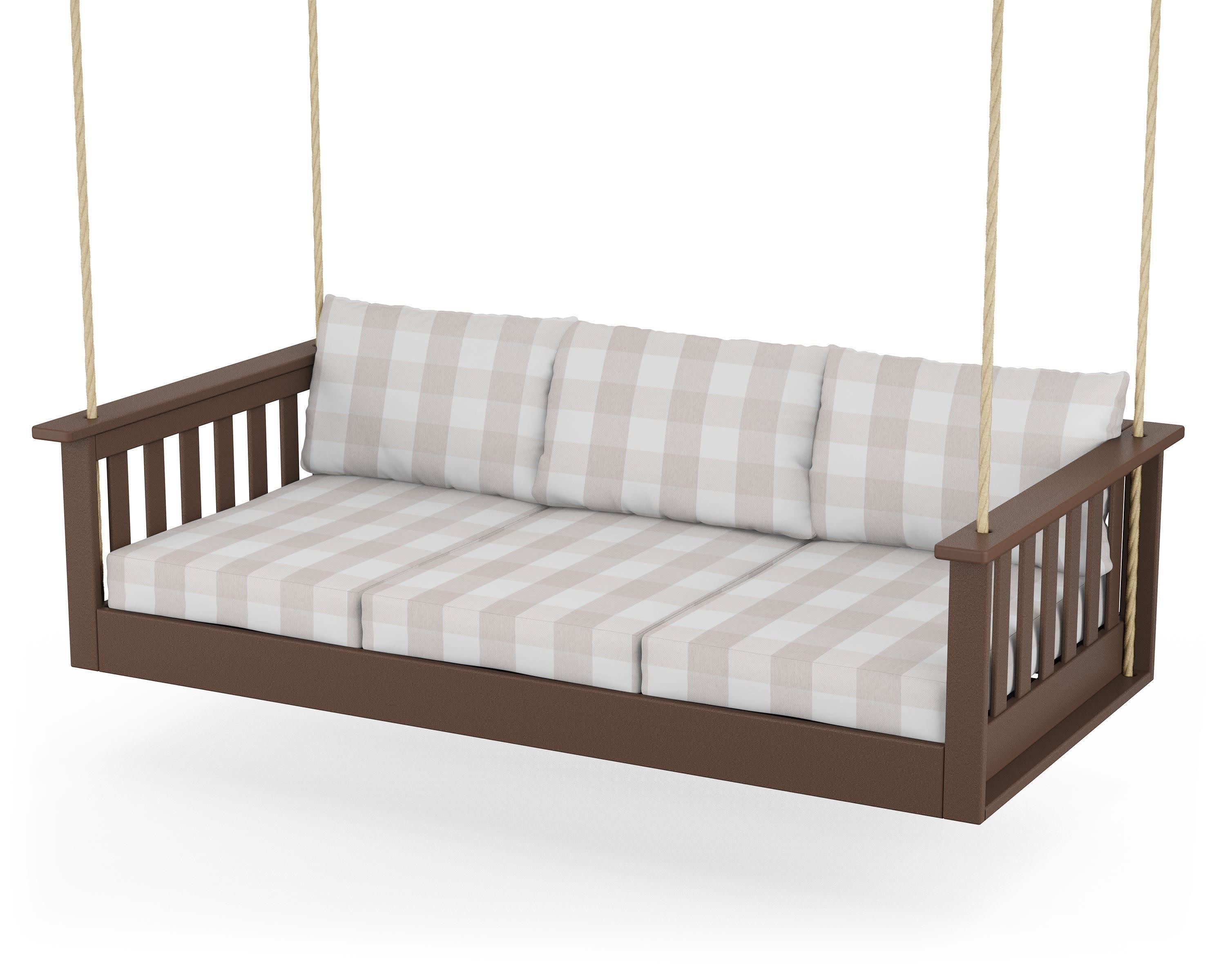 Vineyard Daybed Swing in Mahogany / Buffalo Plaid Dune Burlap