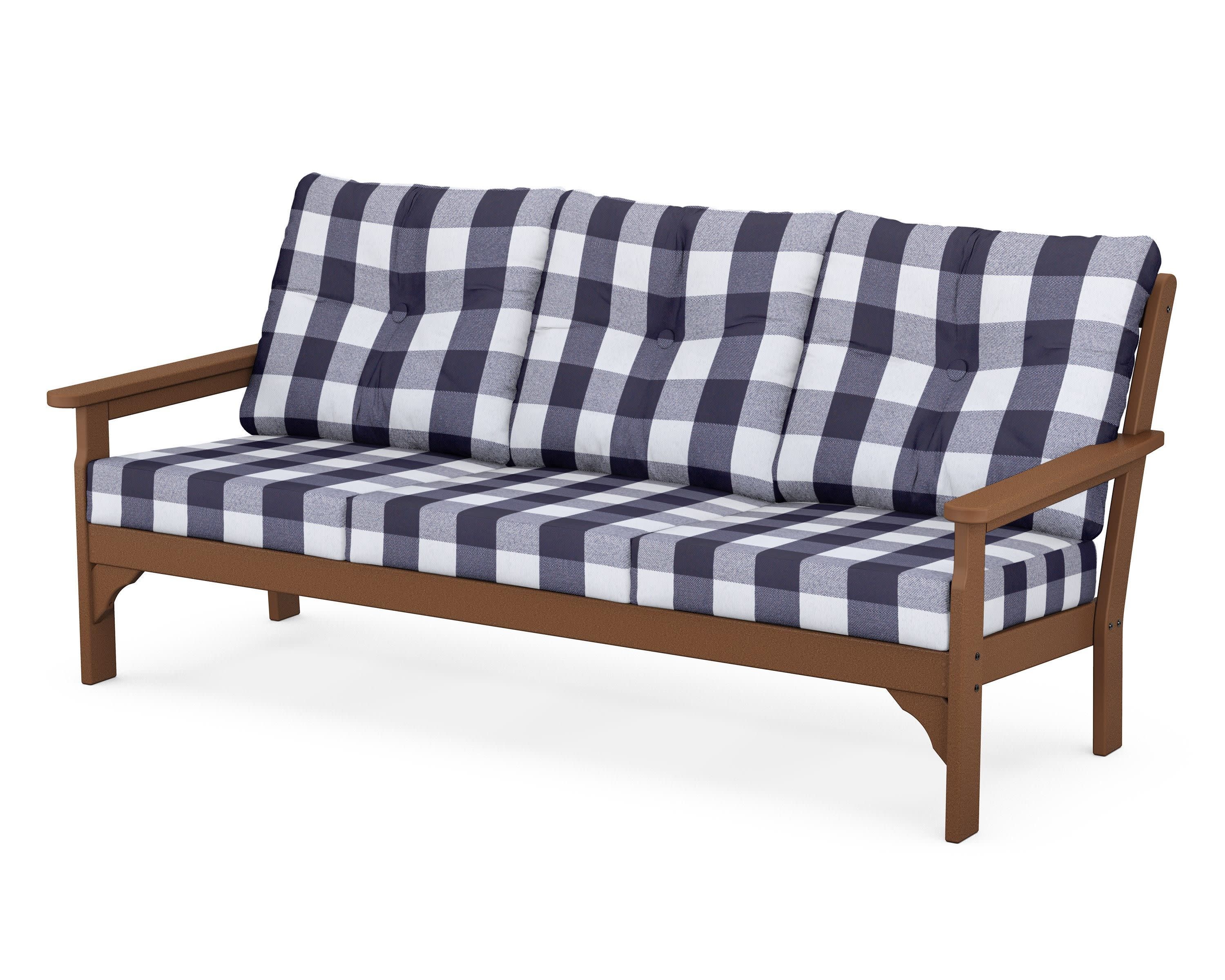 Vineyard Deep Seating Sofa in Teak / Buffalo Plaid Navy