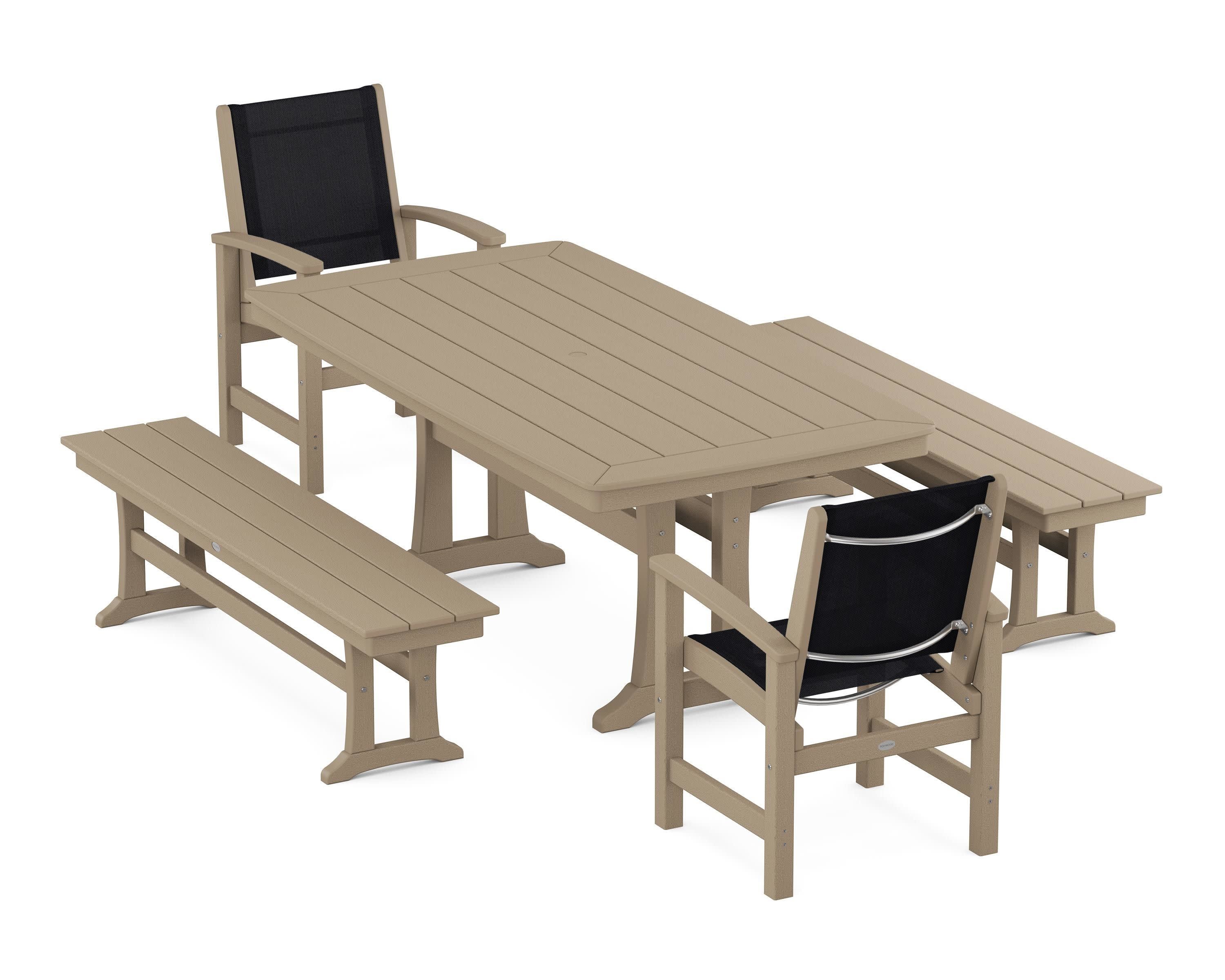 Coastal 5-Piece Dining Set with Trestle Legs and Benches in Vintage Sahara / Black Sling