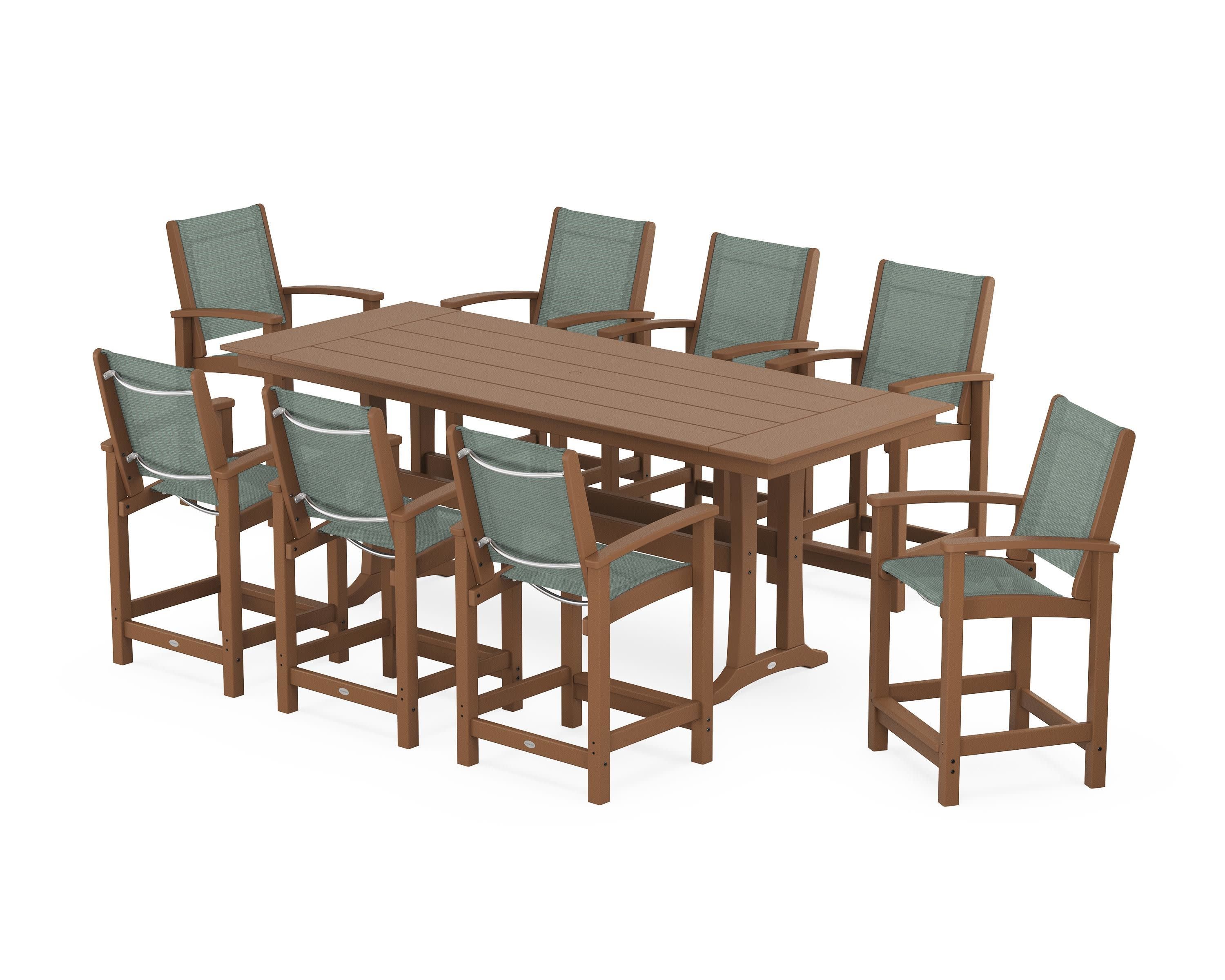 Coastal 9-Piece Farmhouse Counter Set with Trestle Legs in Teak / Dupioni Sea Mist Sling