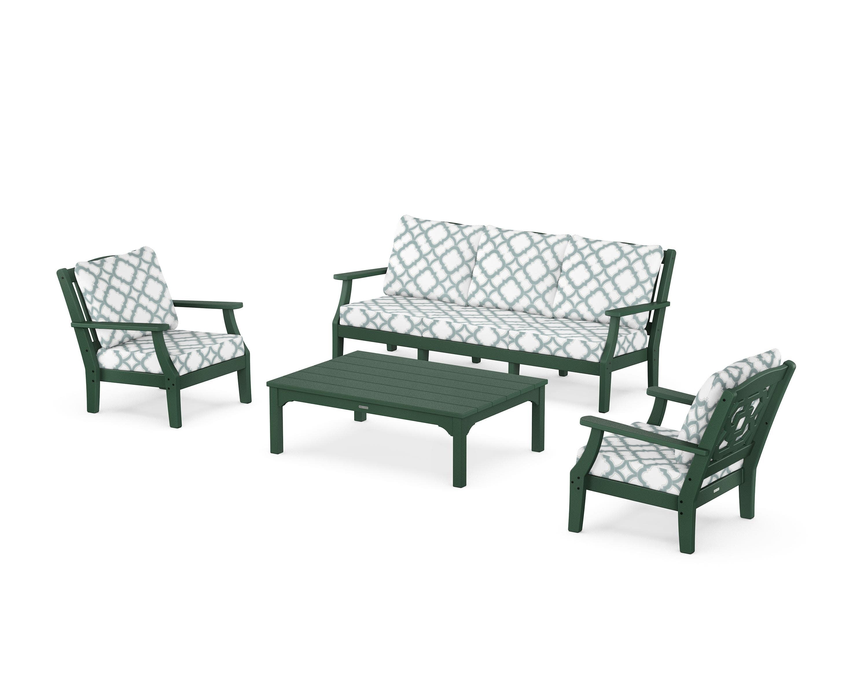 Chinoiserie 4-Piece Deep Seating Set with Sofa in Green / Trellis Glacier Spa