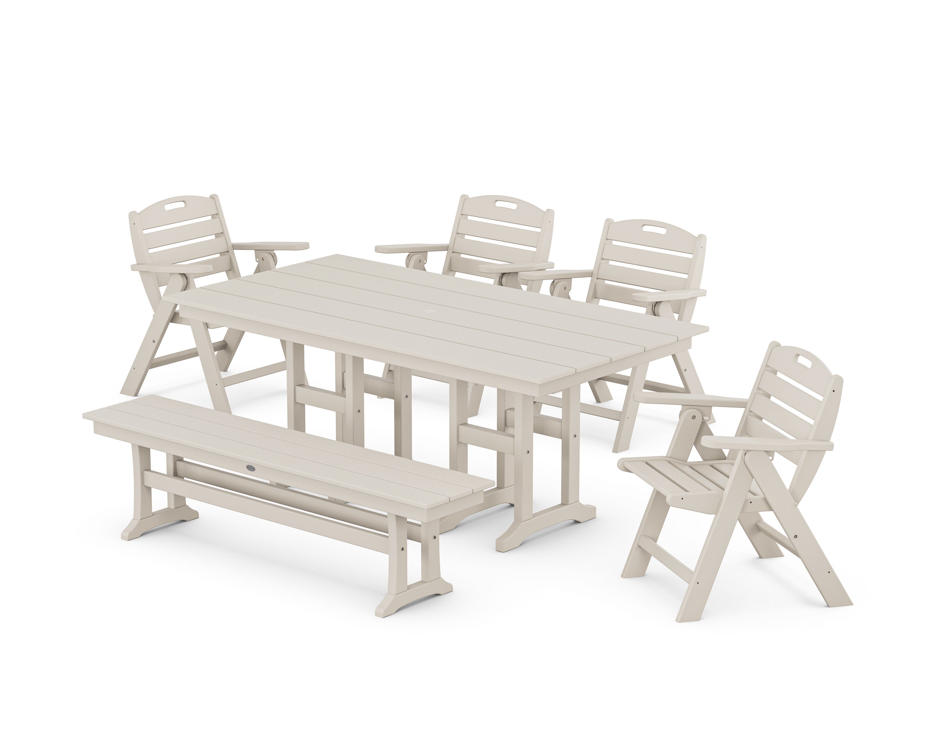 Nautical Lowback 6-Piece Farmhouse Dining Set with Bench in Sand