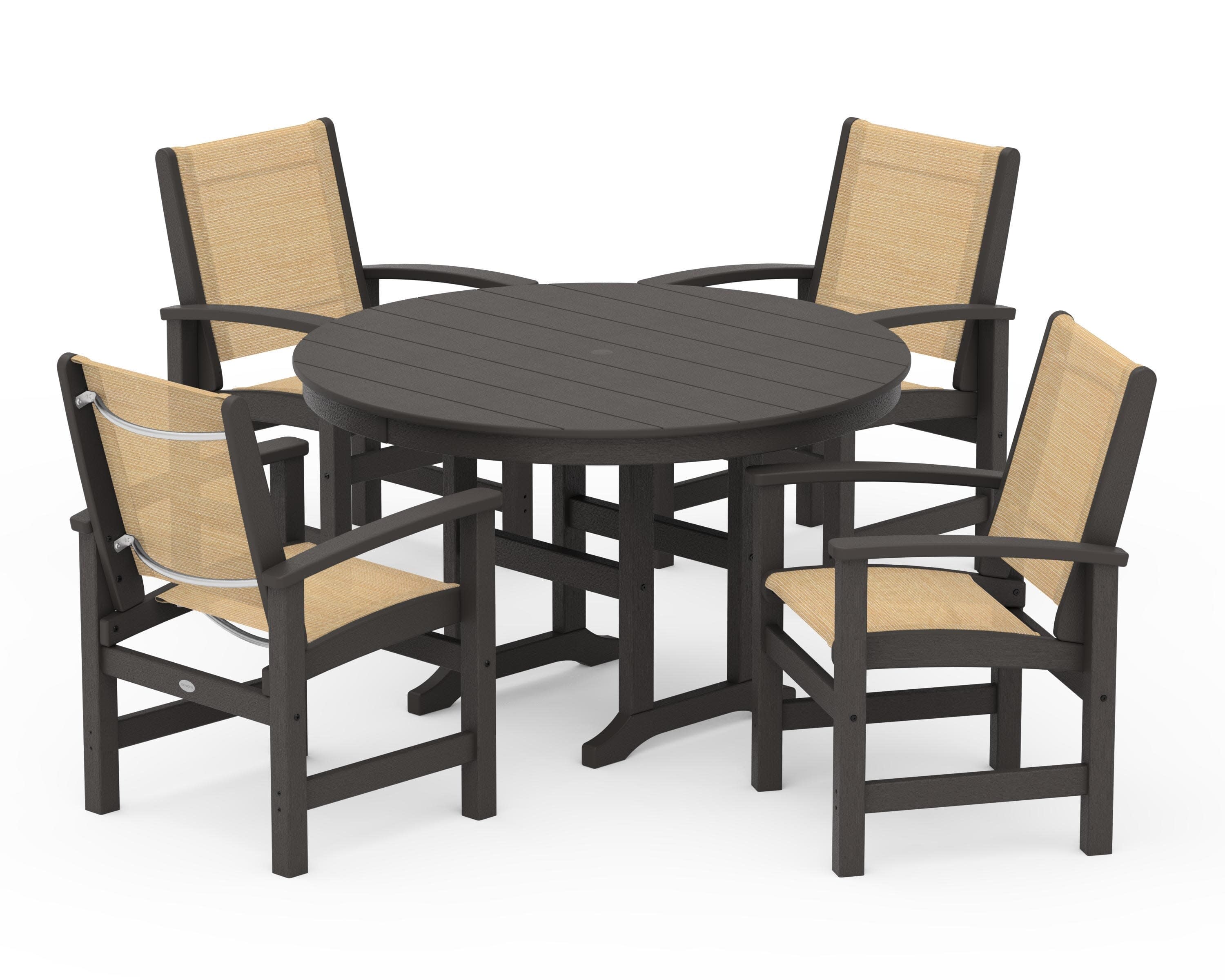 Coastal 5-Piece Round Farmhouse Dining Set in Vintage Coffee / Dupioni Apricot Sling