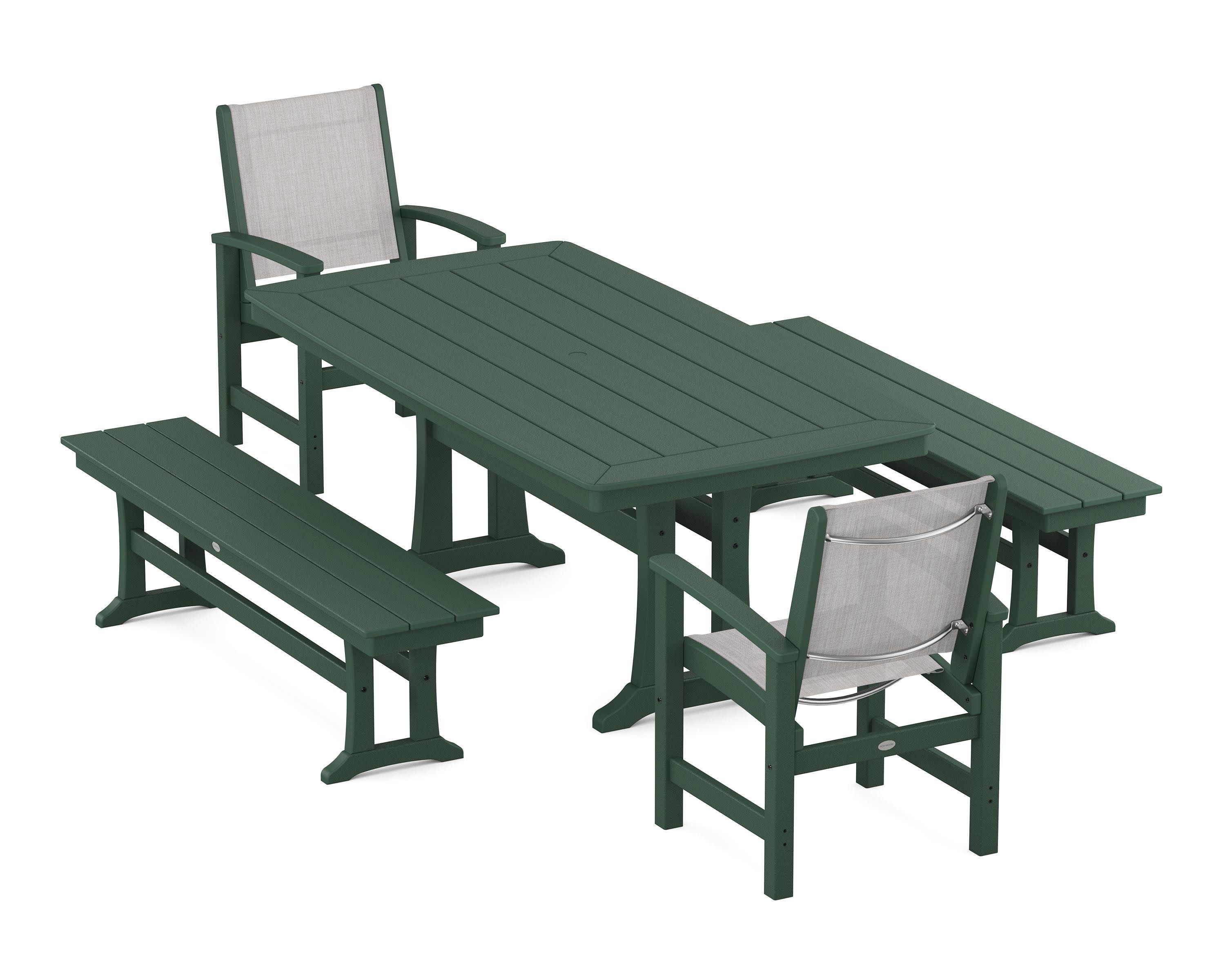 Coastal 5-Piece Dining Set with Trestle Legs and Benches in Green / Parchment Sling