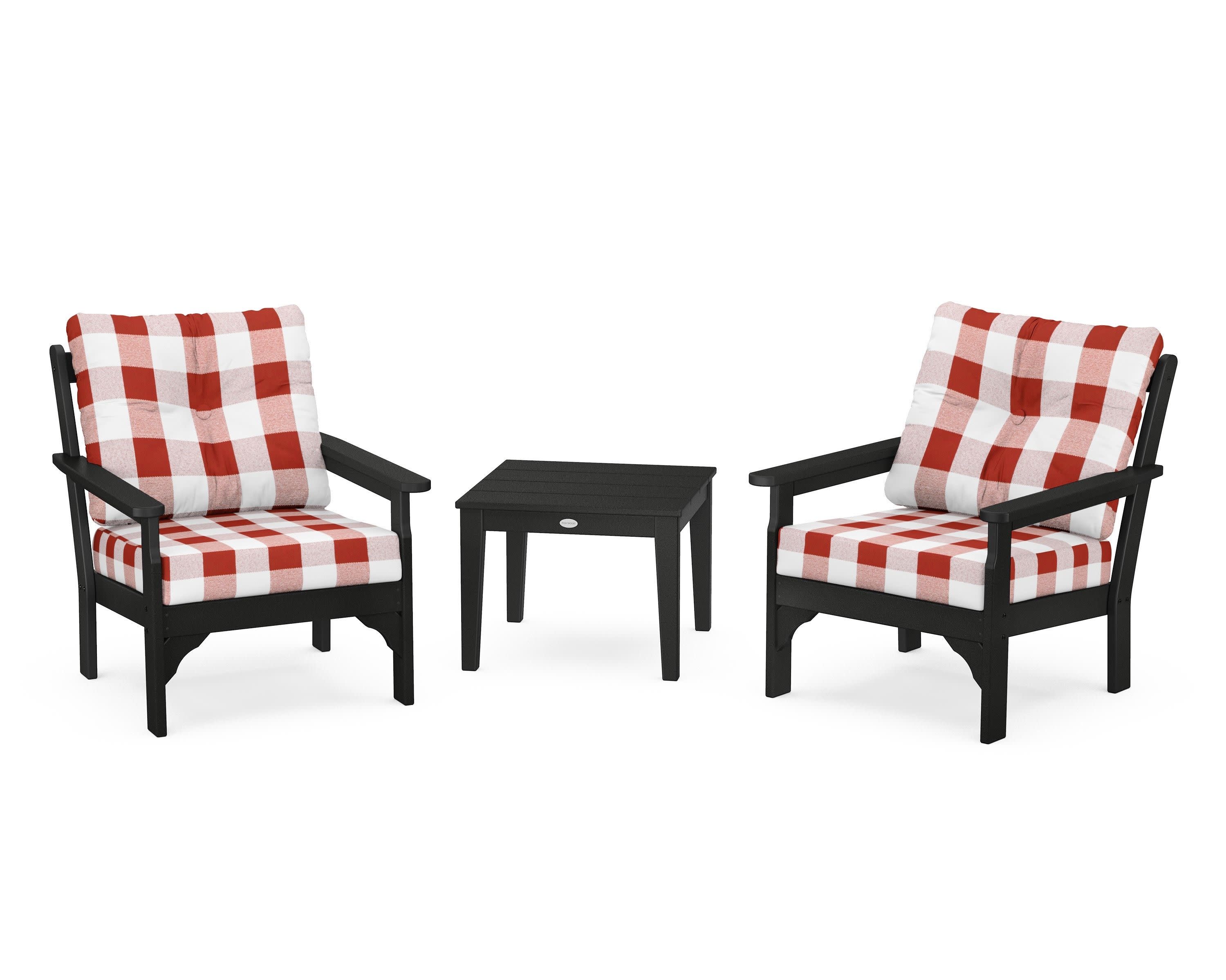 Vineyard 3-Piece Deep Seating Set in Black / Buffalo Plaid Crimson