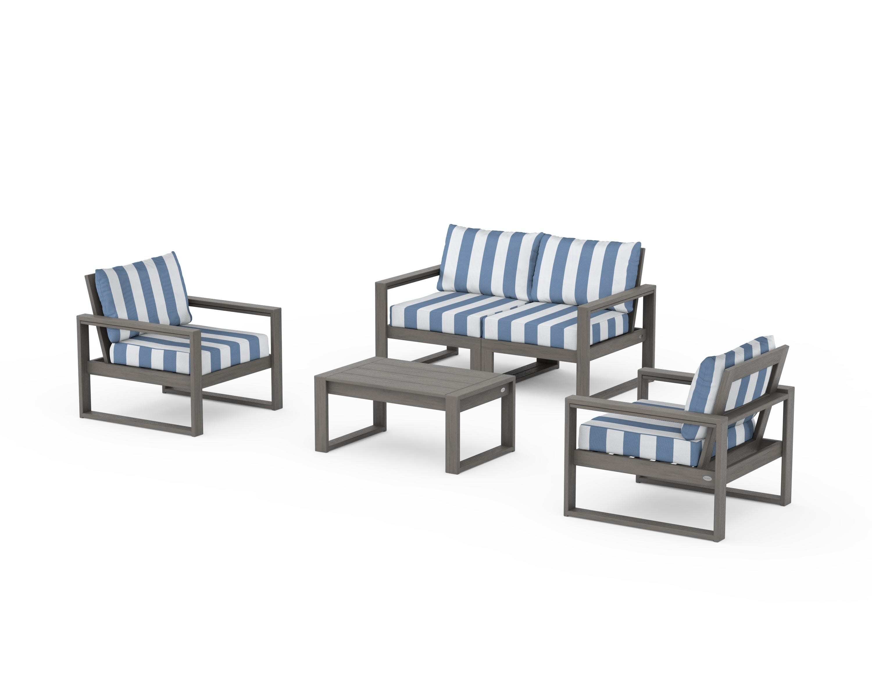 EDGE Sectional 4-Piece Deep Seating Set with Loveseat in Driftwood / Cabana Stripe Sky Blue