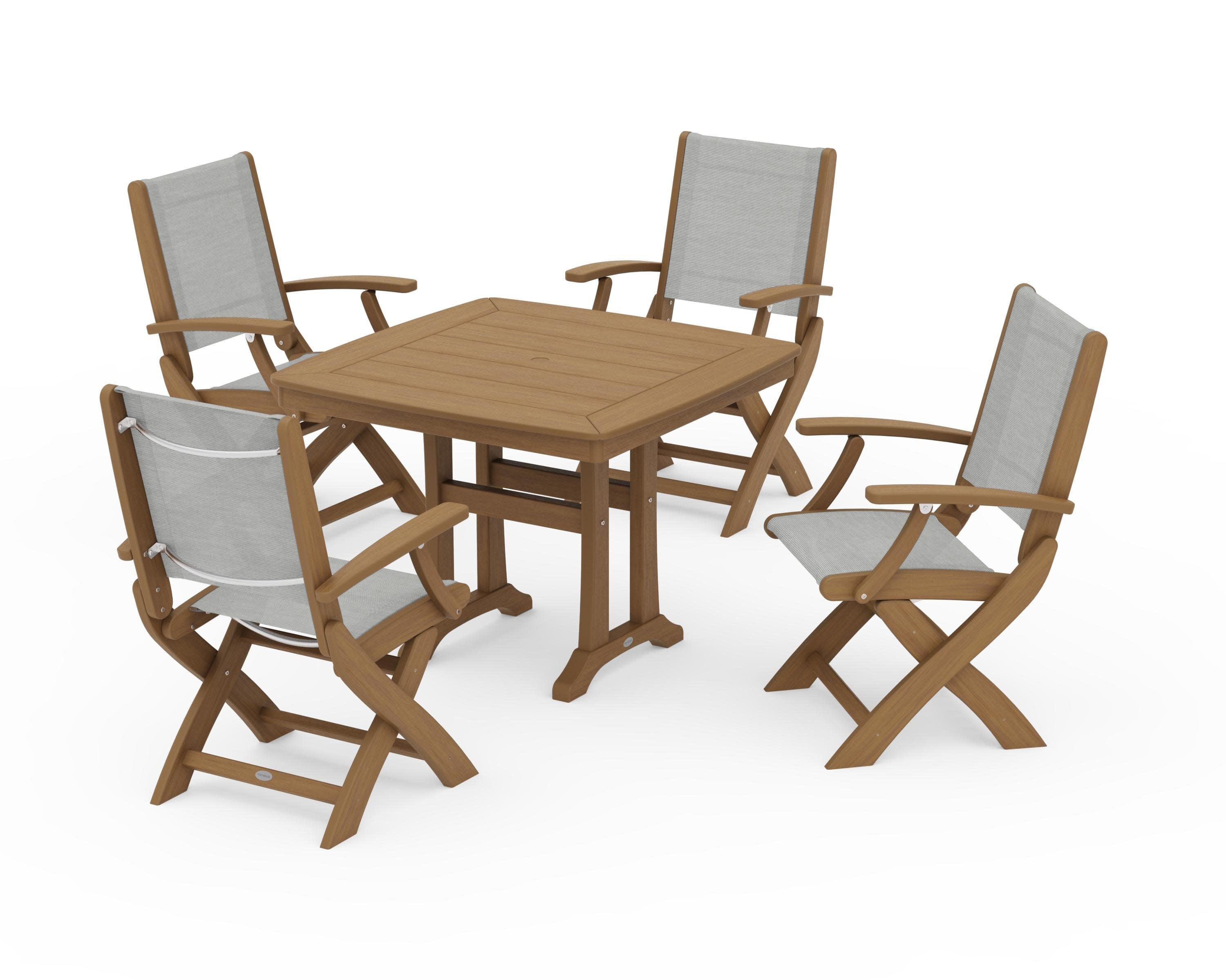 Coastal Folding Chair 5-Piece Dining Set with Trestle Legs in Natural / Metallic Sling