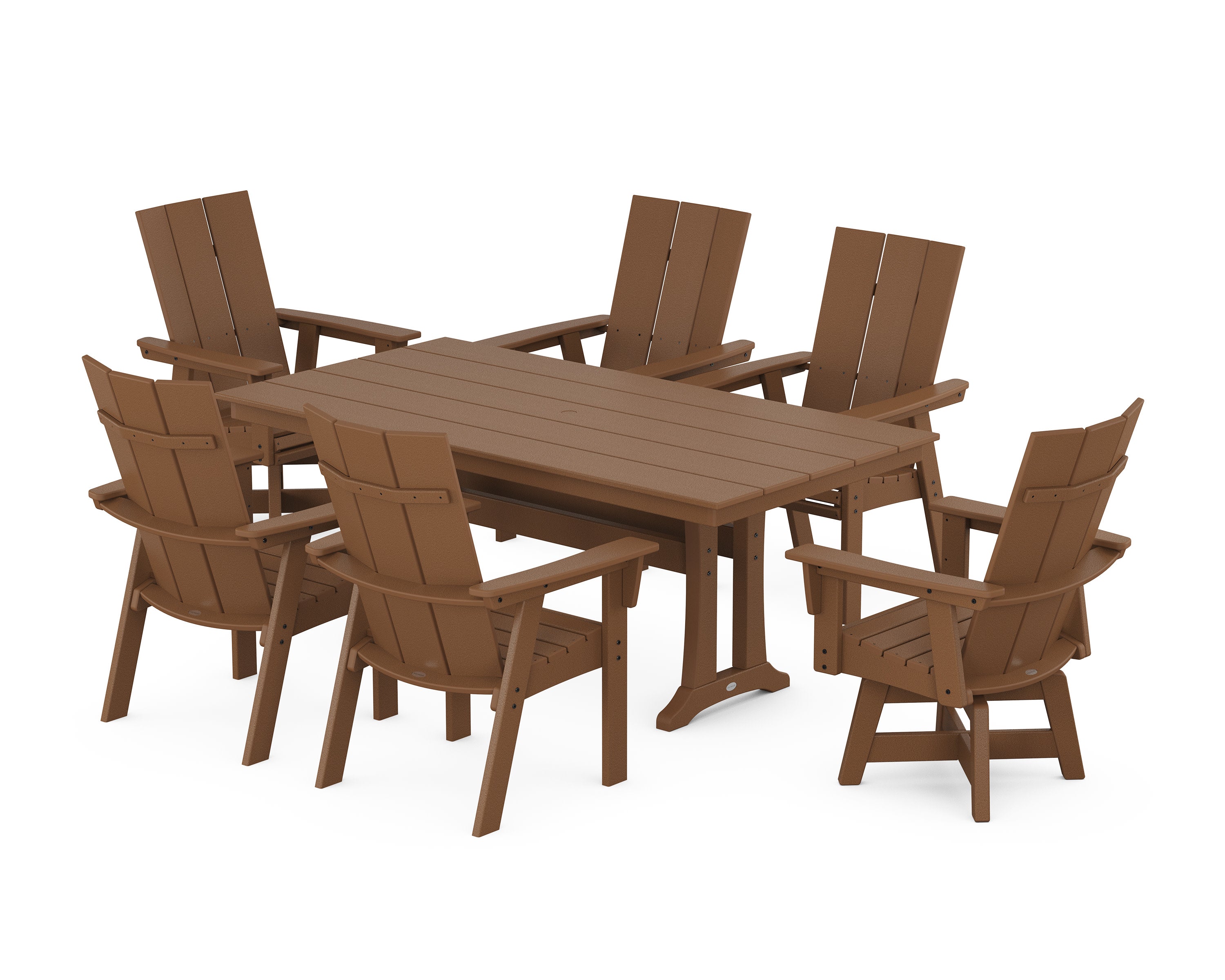 Modern Curveback Adirondack Swivel Chair 7-Piece Farmhouse Dining Set With Trestle Legs in Teak
