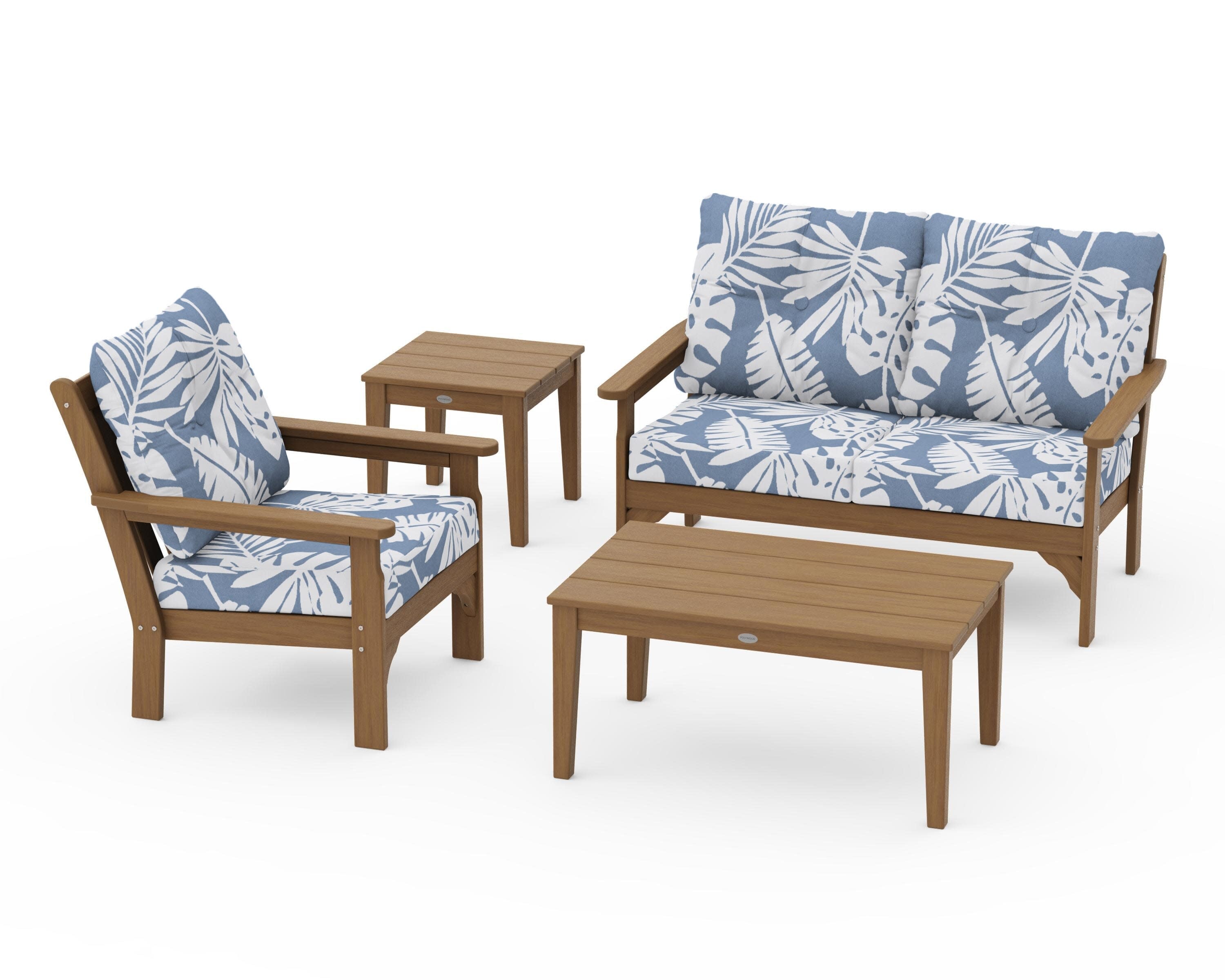 Vineyard 4-Piece Deep Seating Set in Natural / Leaf Sky Blue