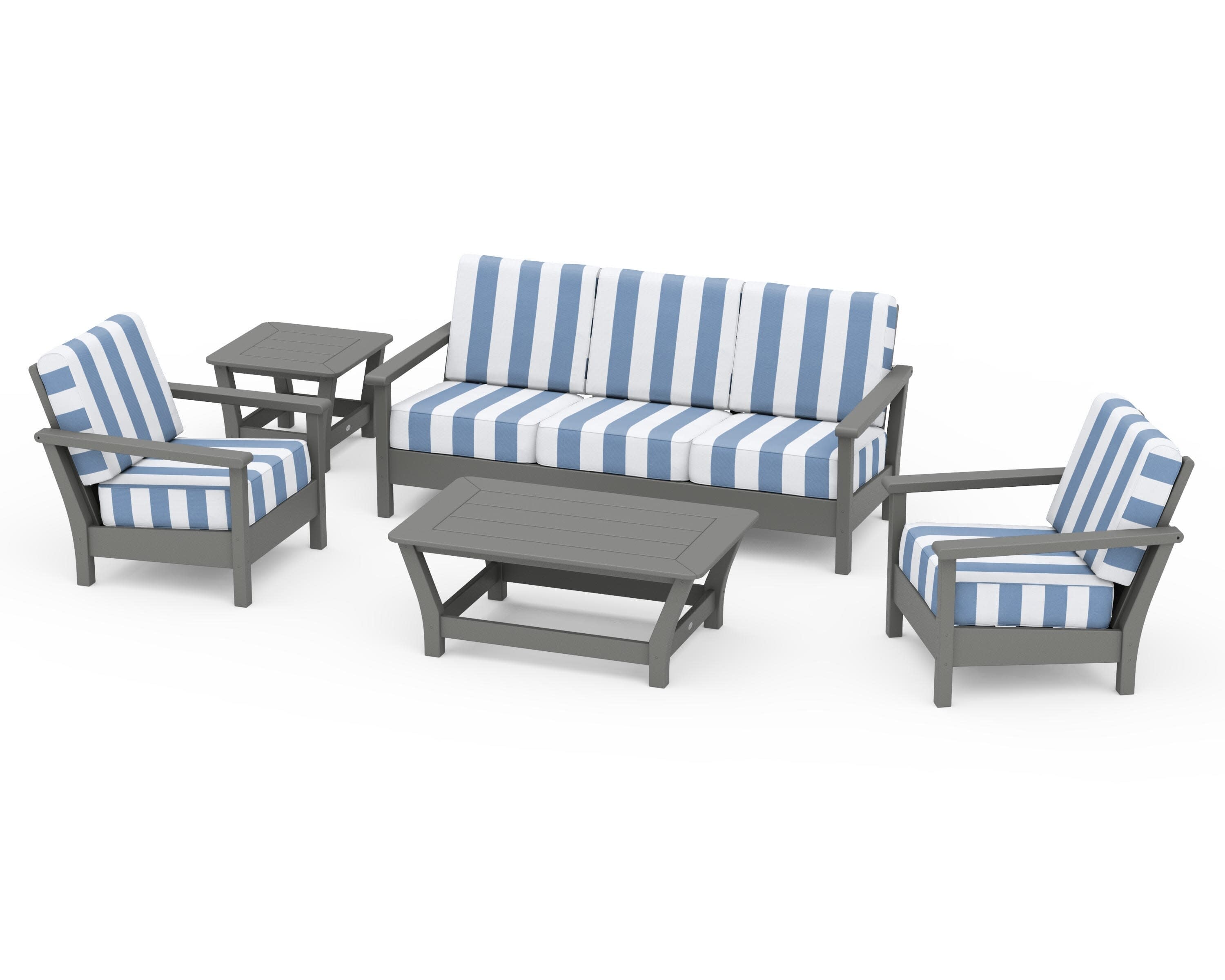 Harbour 5-Piece Deep Seating Set in Slate Grey / Cabana Stripe Sky Blue