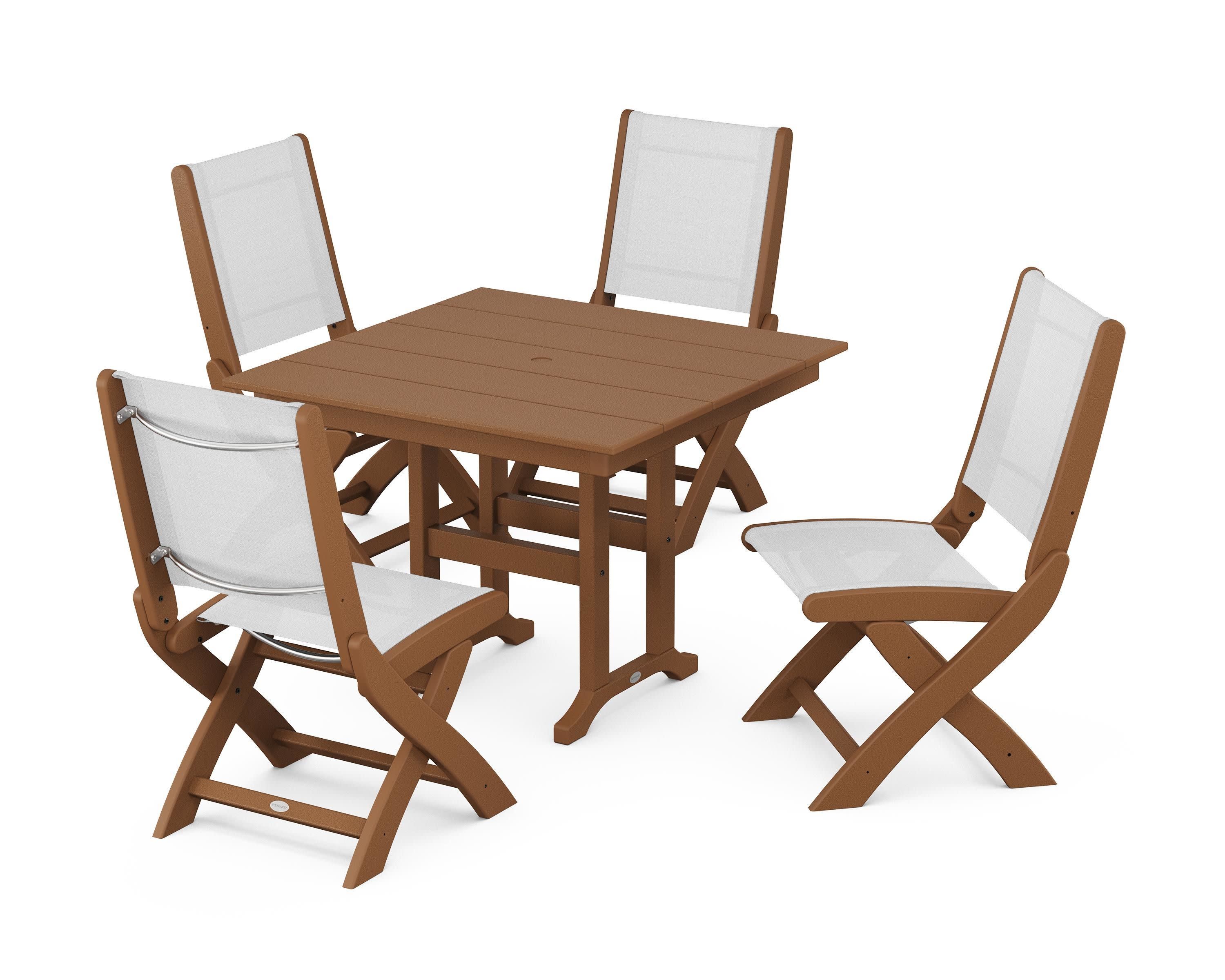Coastal Folding Side Chair 5-Piece Farmhouse Dining Set in Teak / White Sling