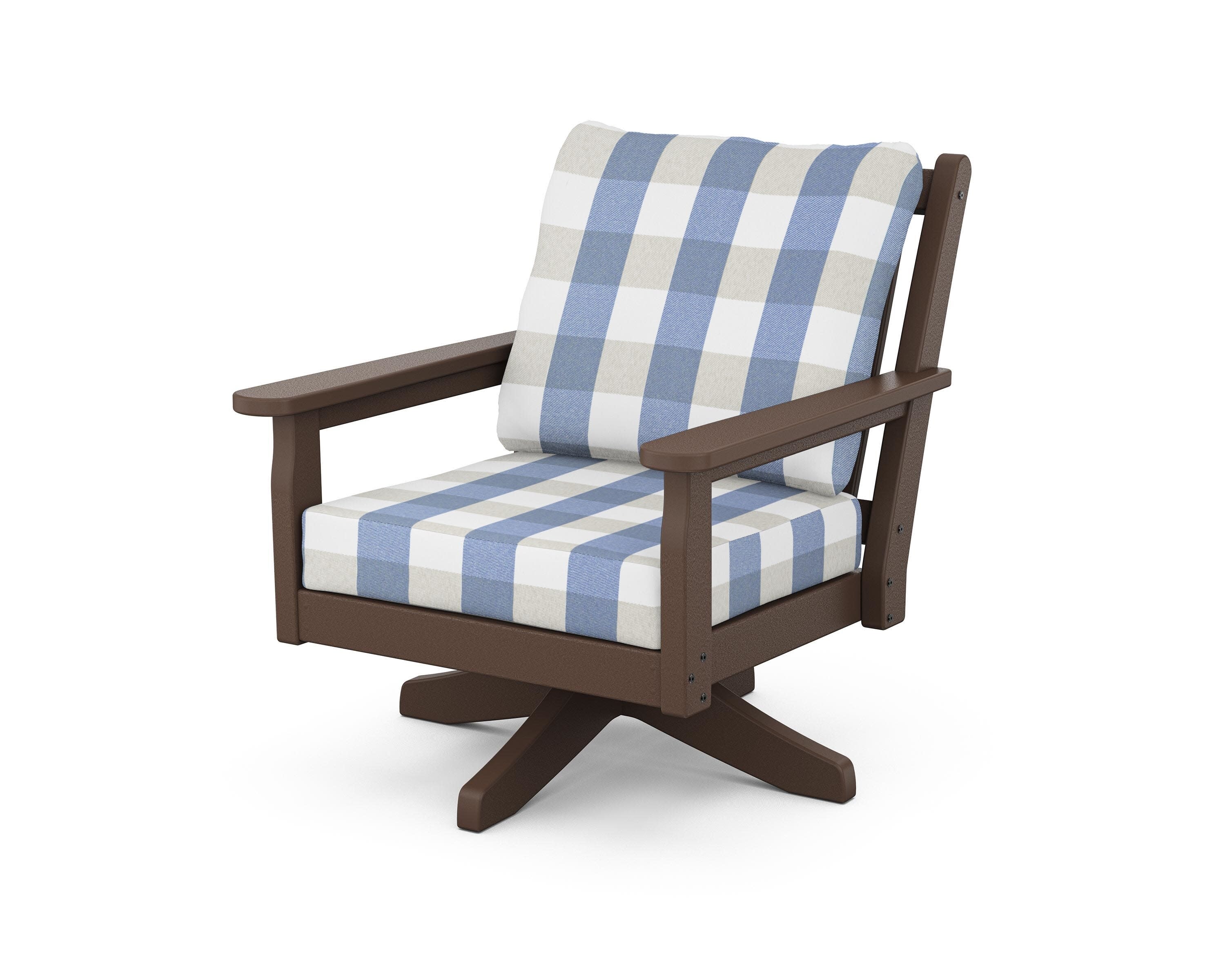 Chippendale Deep Seating Swivel Chair in Mahogany / Buffalo Plaid Sky Blue