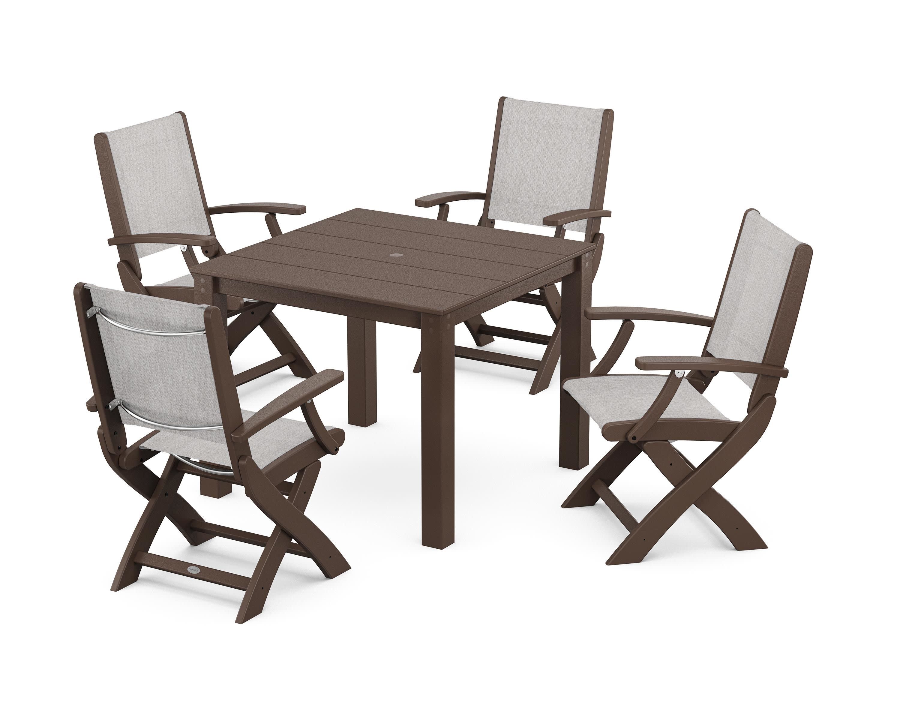 Coastal Folding Chair 5-Piece Parsons Dining Set in Mahogany / Parchment Sling