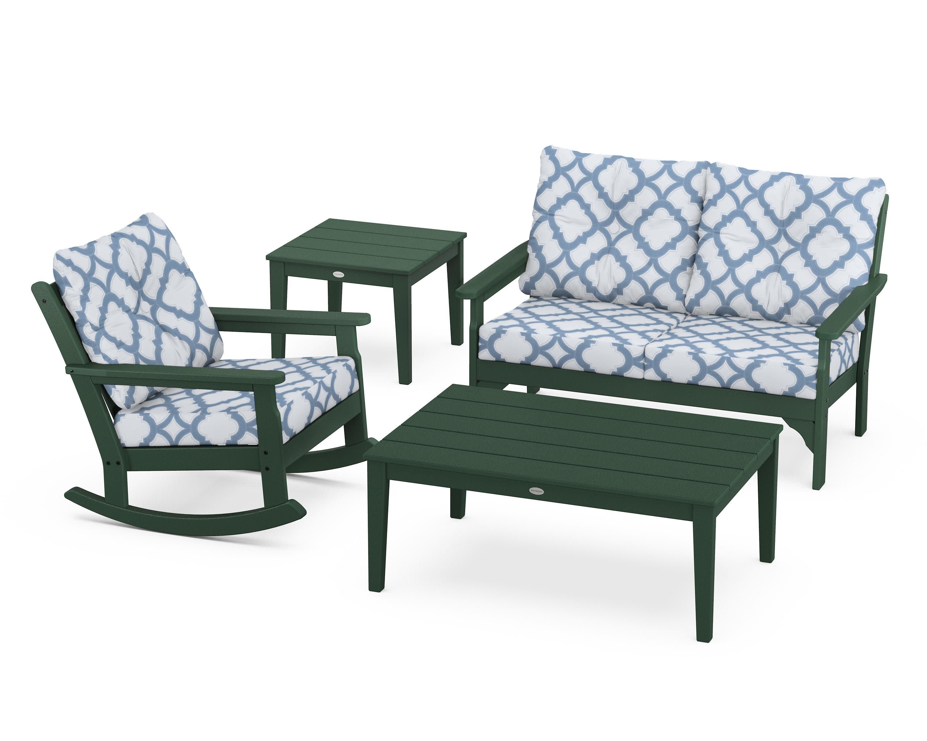 Vineyard 4-Piece Deep Seating Rocker Set in Green / Trellis Sky Blue