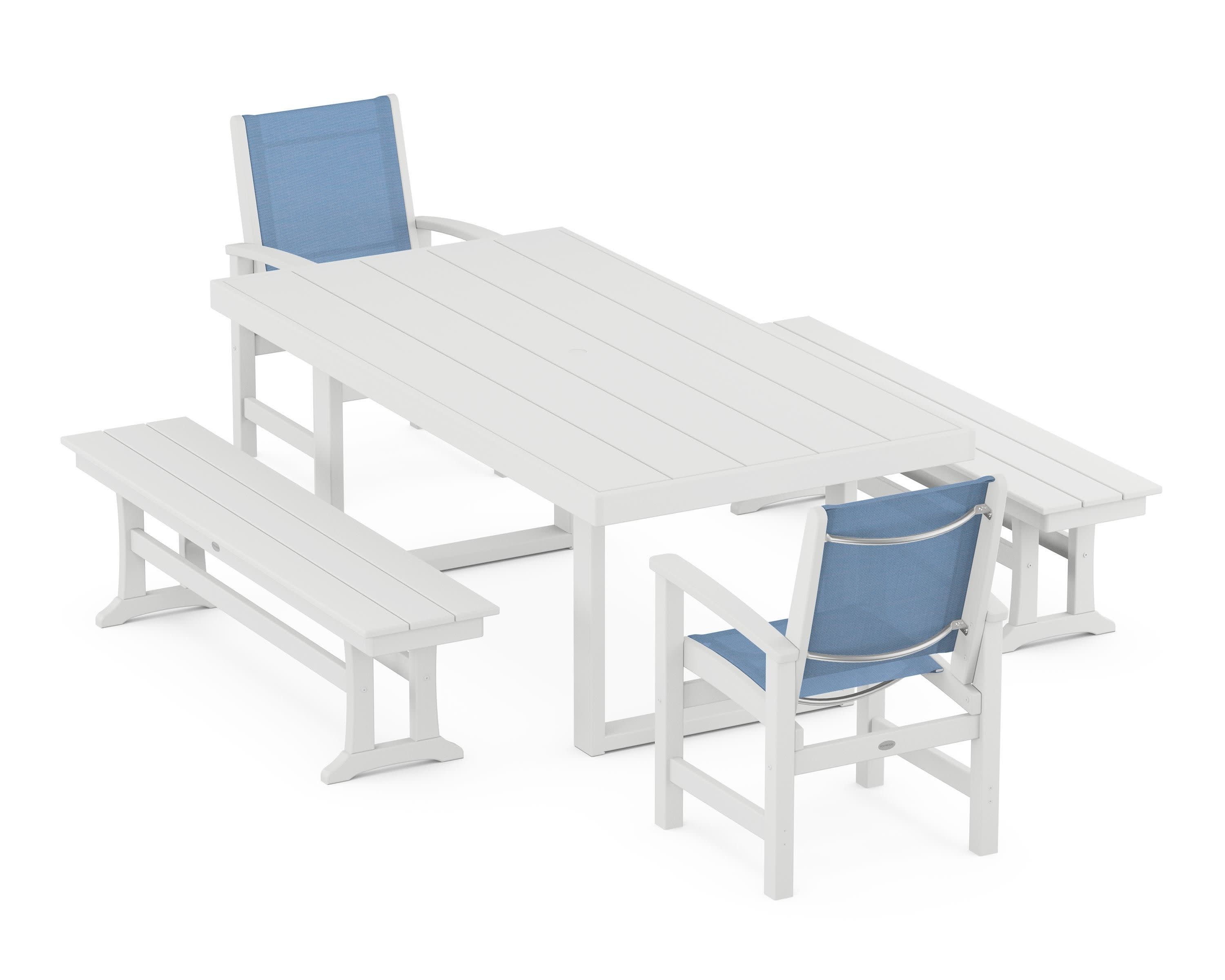 Coastal 5-Piece Dining Set with Trestle Legs in White / Poolside Sling