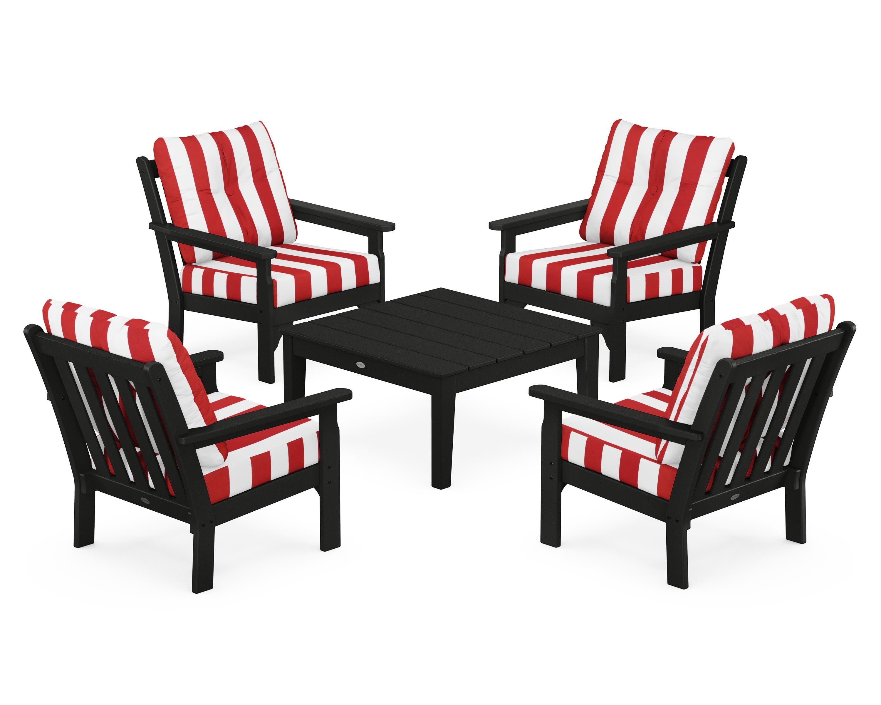 Vineyard 5-Piece Deep Seating Conversation Set in Black / Cabana Stripe Crimson