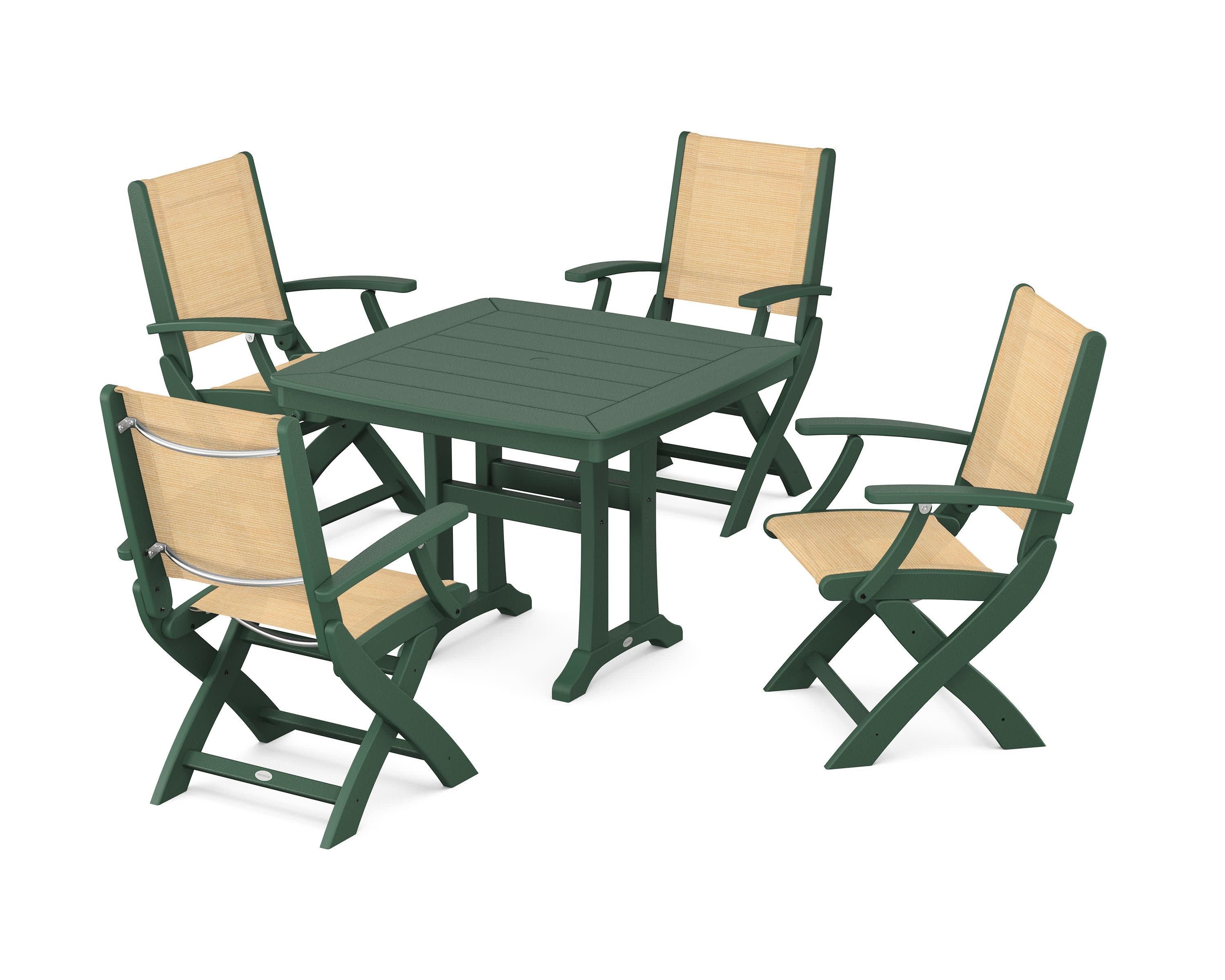 Coastal Folding Chair 5-Piece Dining Set with Trestle Legs in Green / Dupioni Apricot Sling