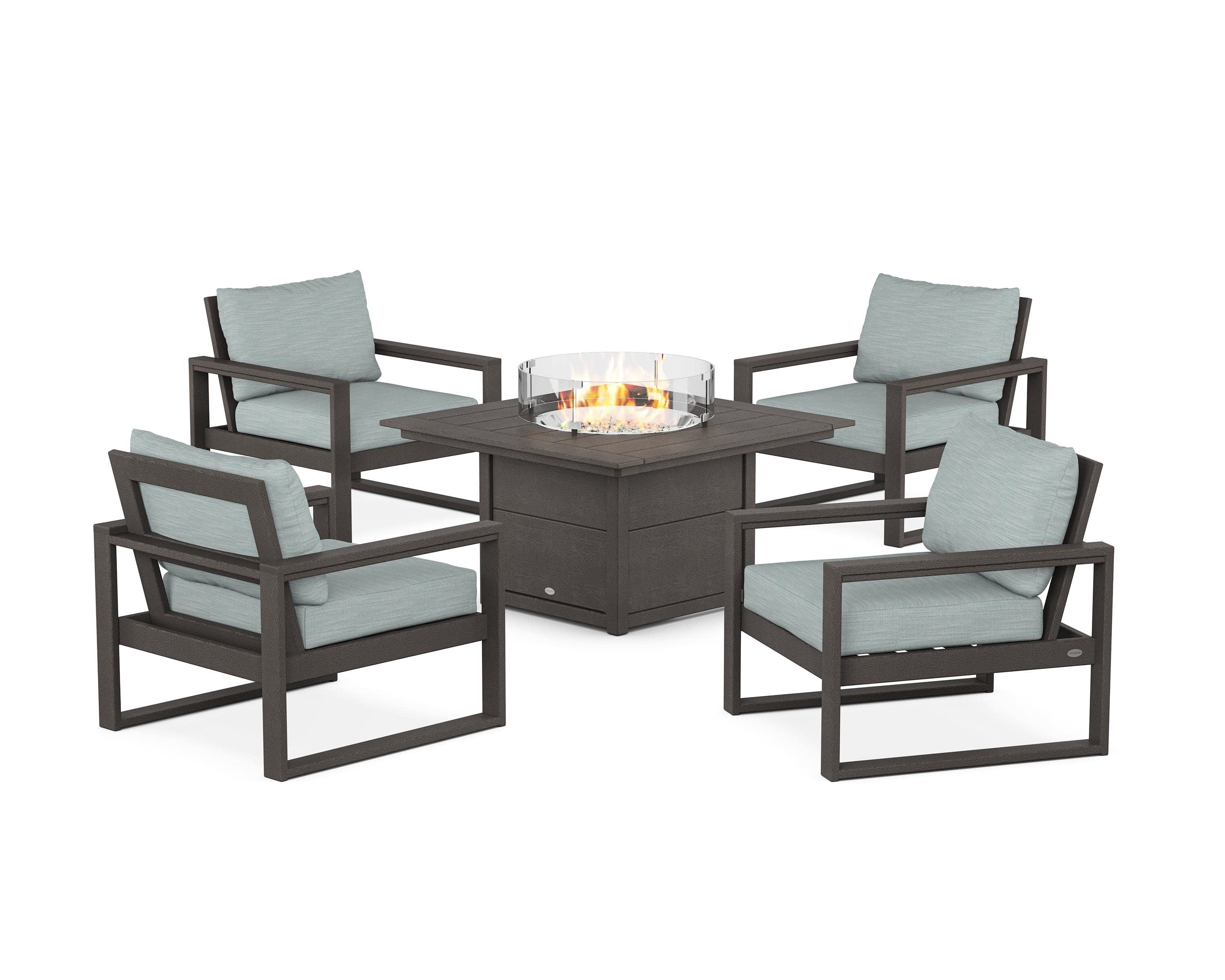 EDGE Sectional 5-Piece Deep Seating Set with Fire Pit Table in Vintage Coffee / Soothe Mist