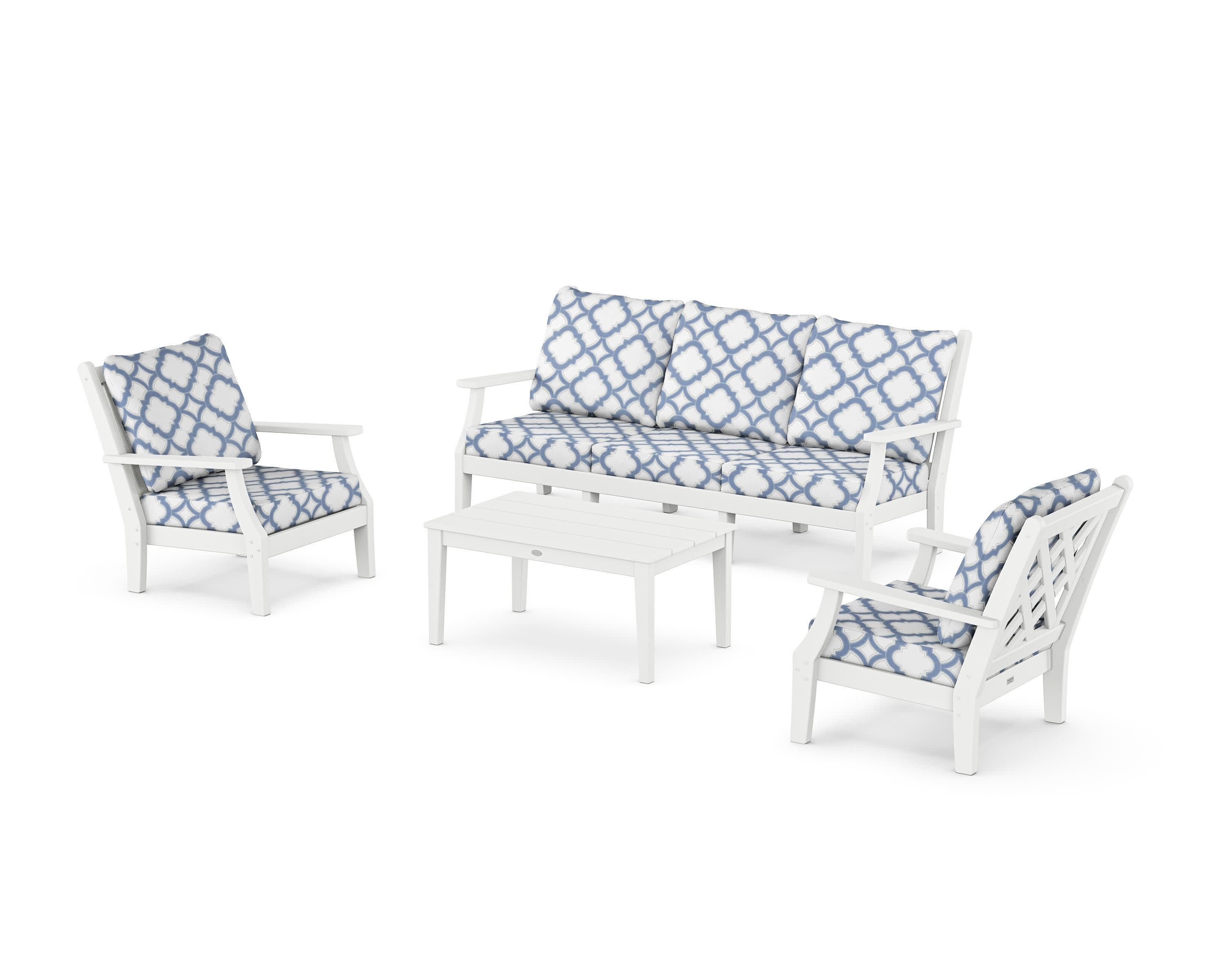 Wovendale 4-Piece Deep Seating Set with Sofa in White / Trellis Sky Blue