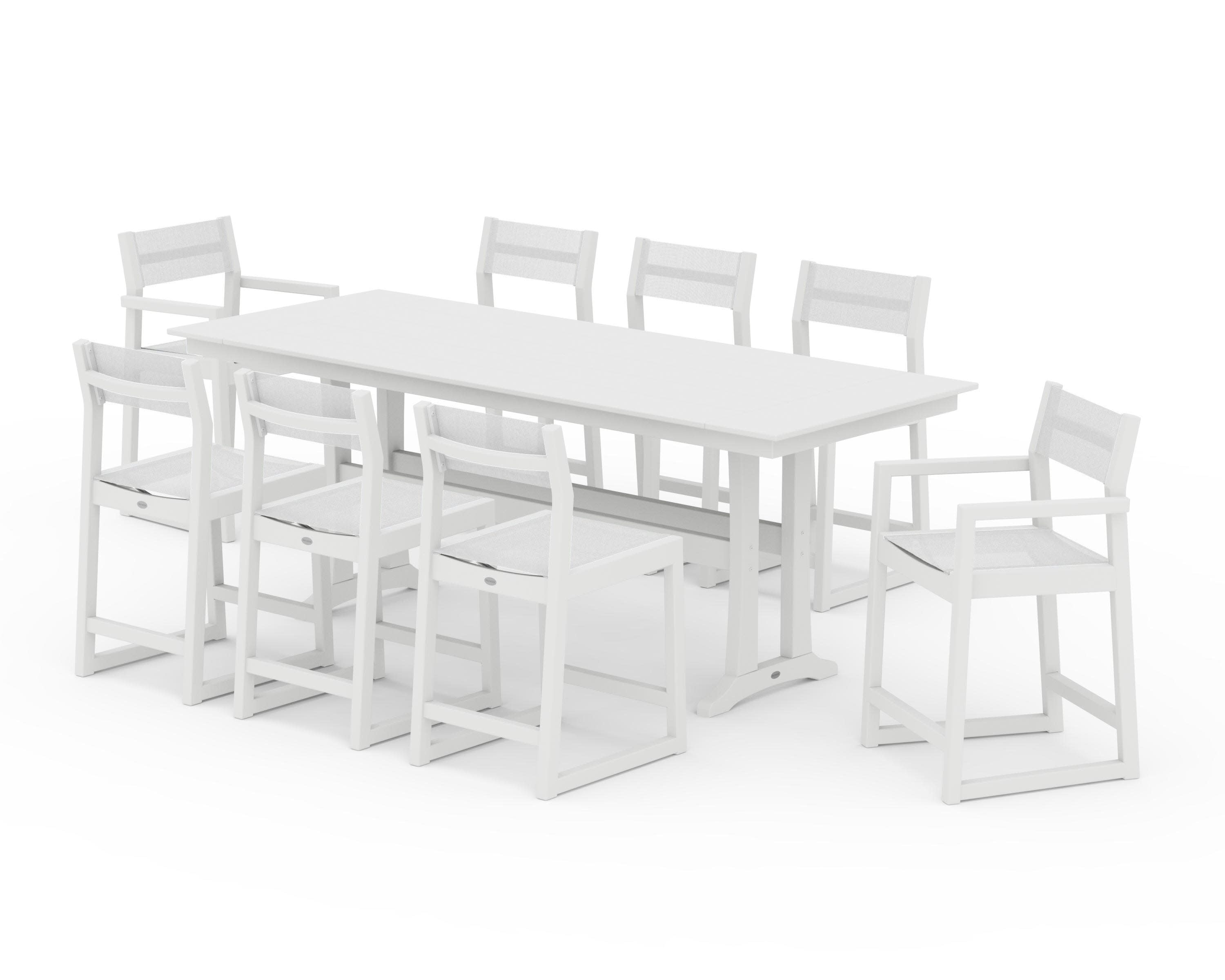 EDGE Sling 9-Piece Farmhouse Counter Set with Trestle Legs in White / White Sling