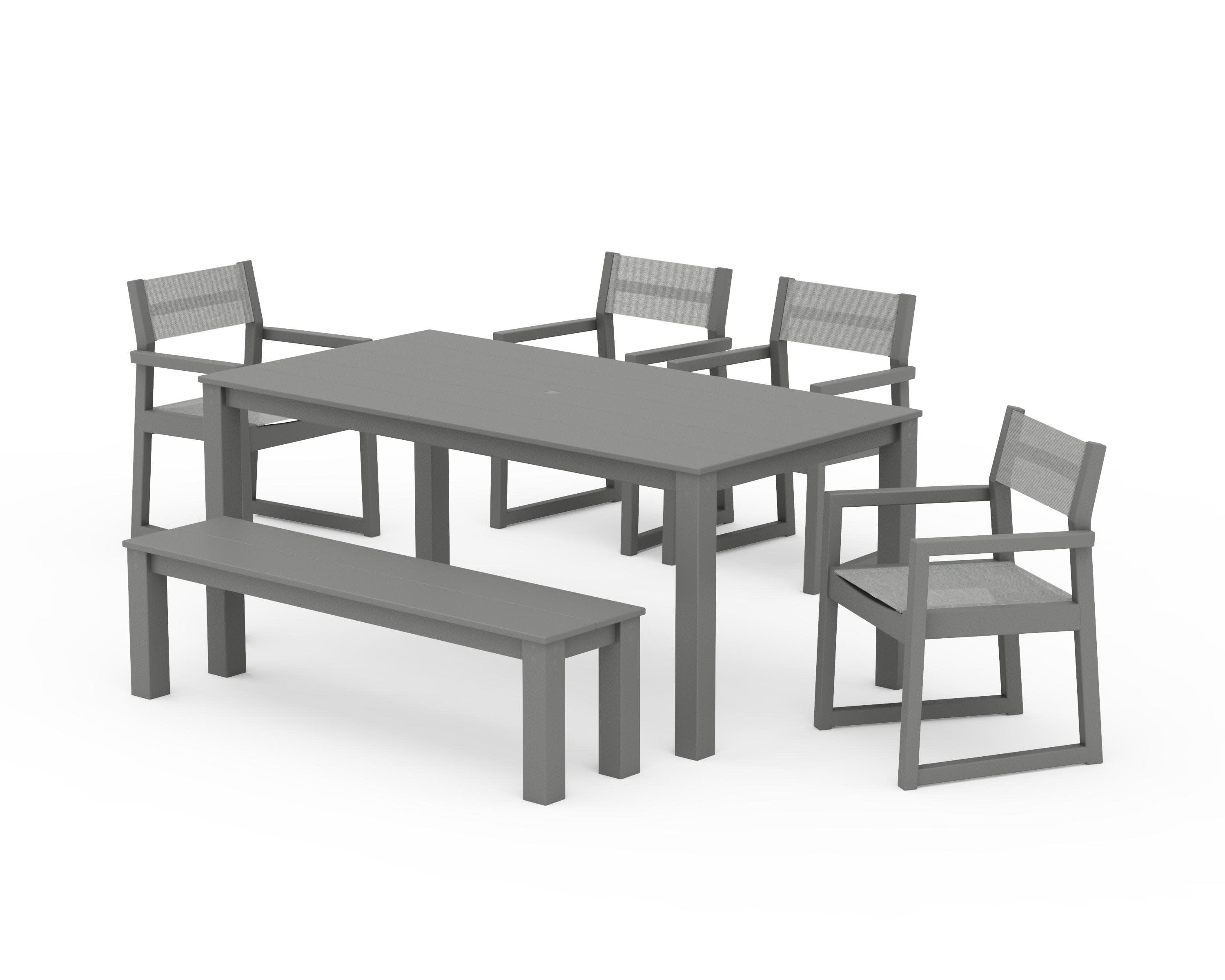 EDGE Sling Arm Chair 6-Piece Parsons Dining Set with Bench in Slate Grey / Metallic Sling