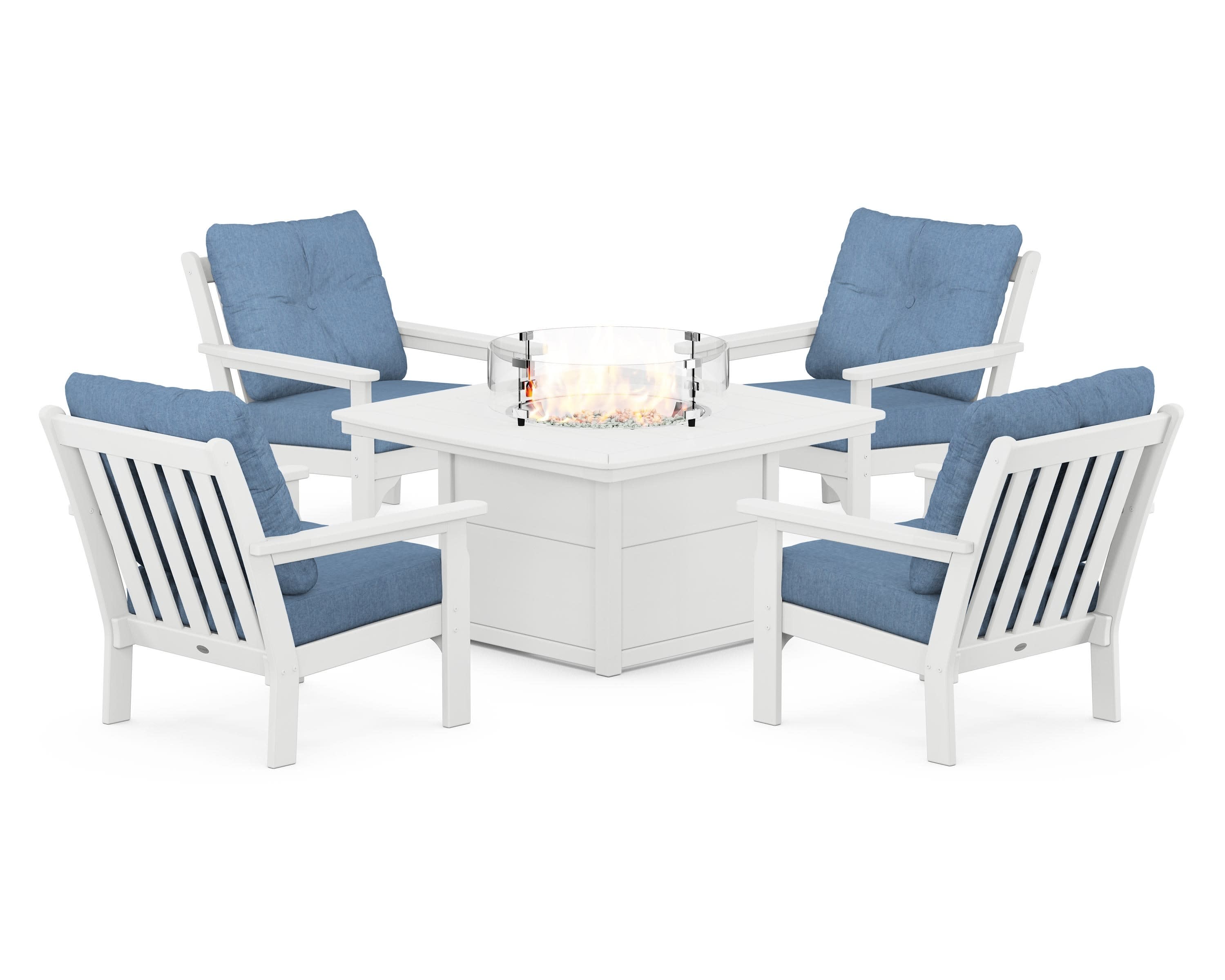 Vineyard 5-Piece Conversation Set with Fire Pit Table in White / Sky Blue