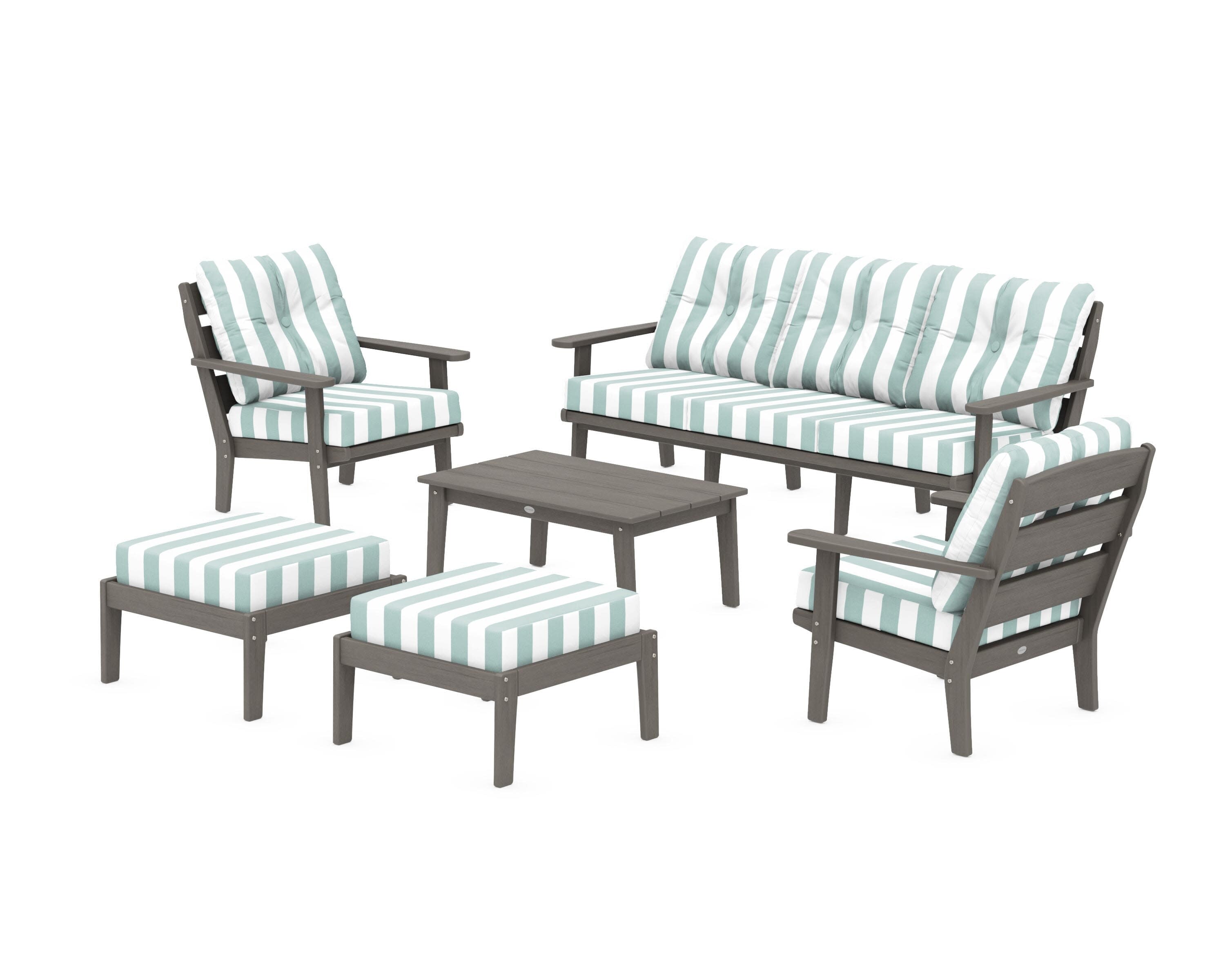 Lakeside 6-Piece Lounge Sofa Set in Driftwood / Cabana Stripe Glacier Spa