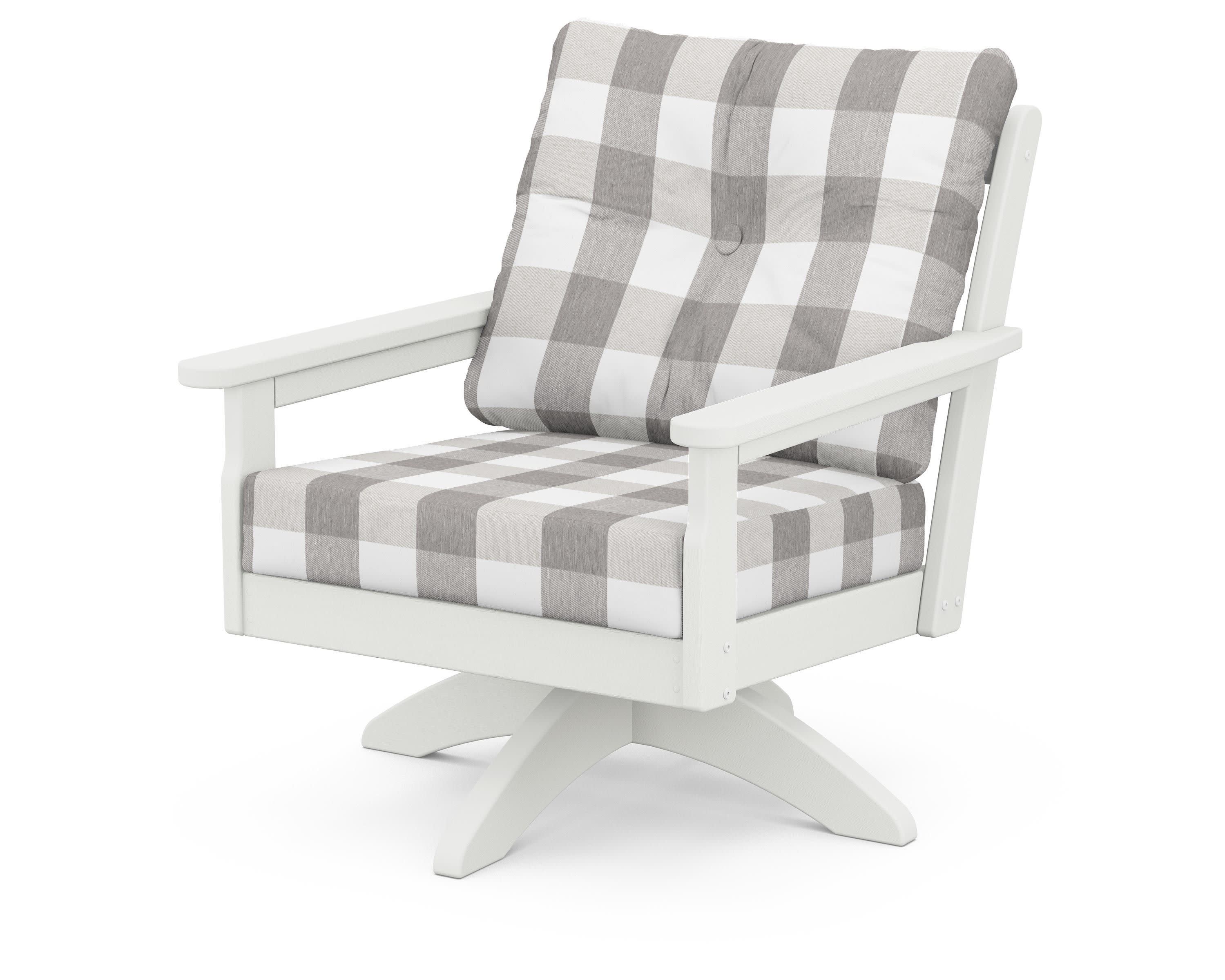 Vineyard Deep Seating Swivel Chair in Vintage White / Buffalo Plaid Grey Mist