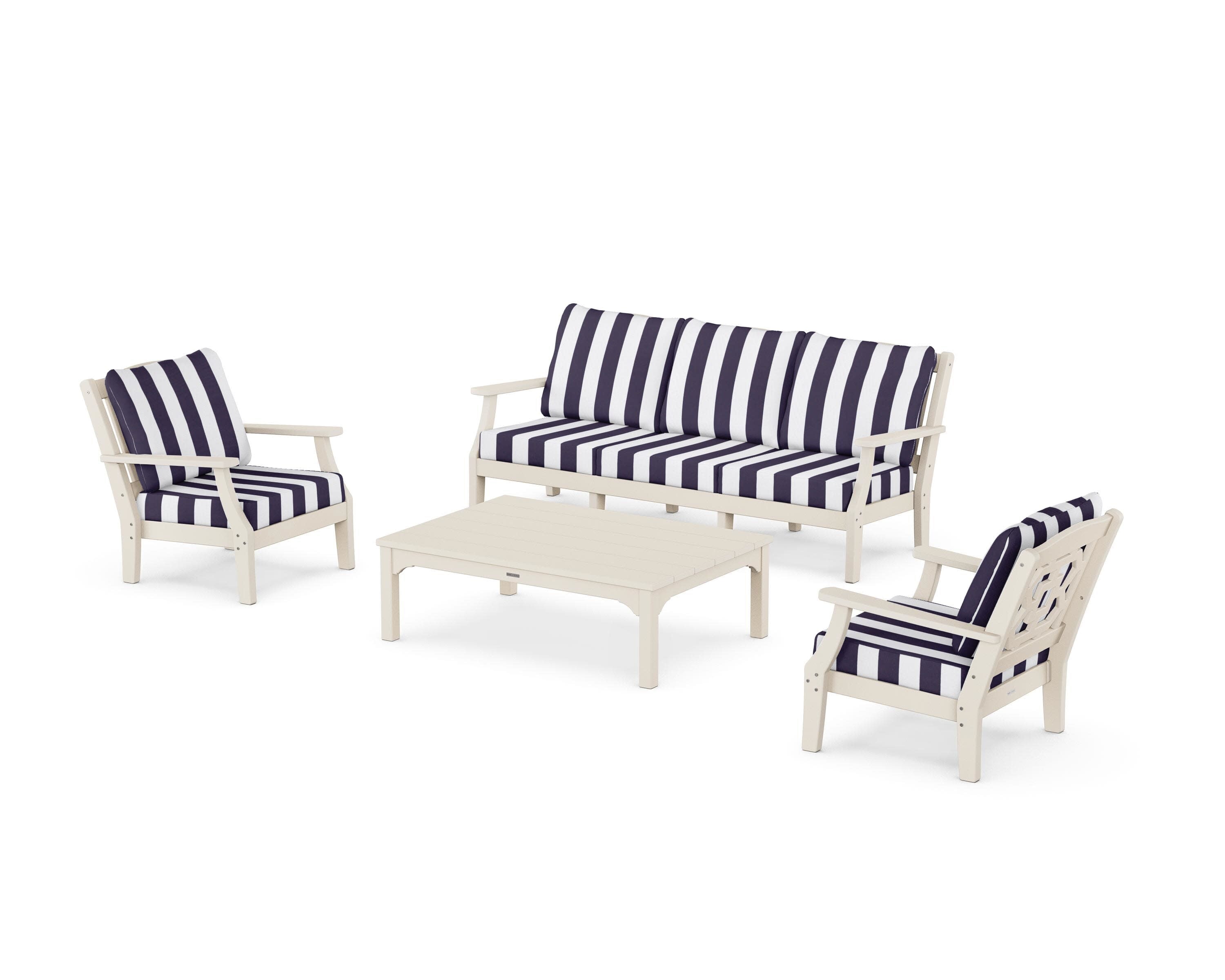 Chinoiserie 4-Piece Deep Seating Set with Sofa in Sand / Cabana Stripe Navy