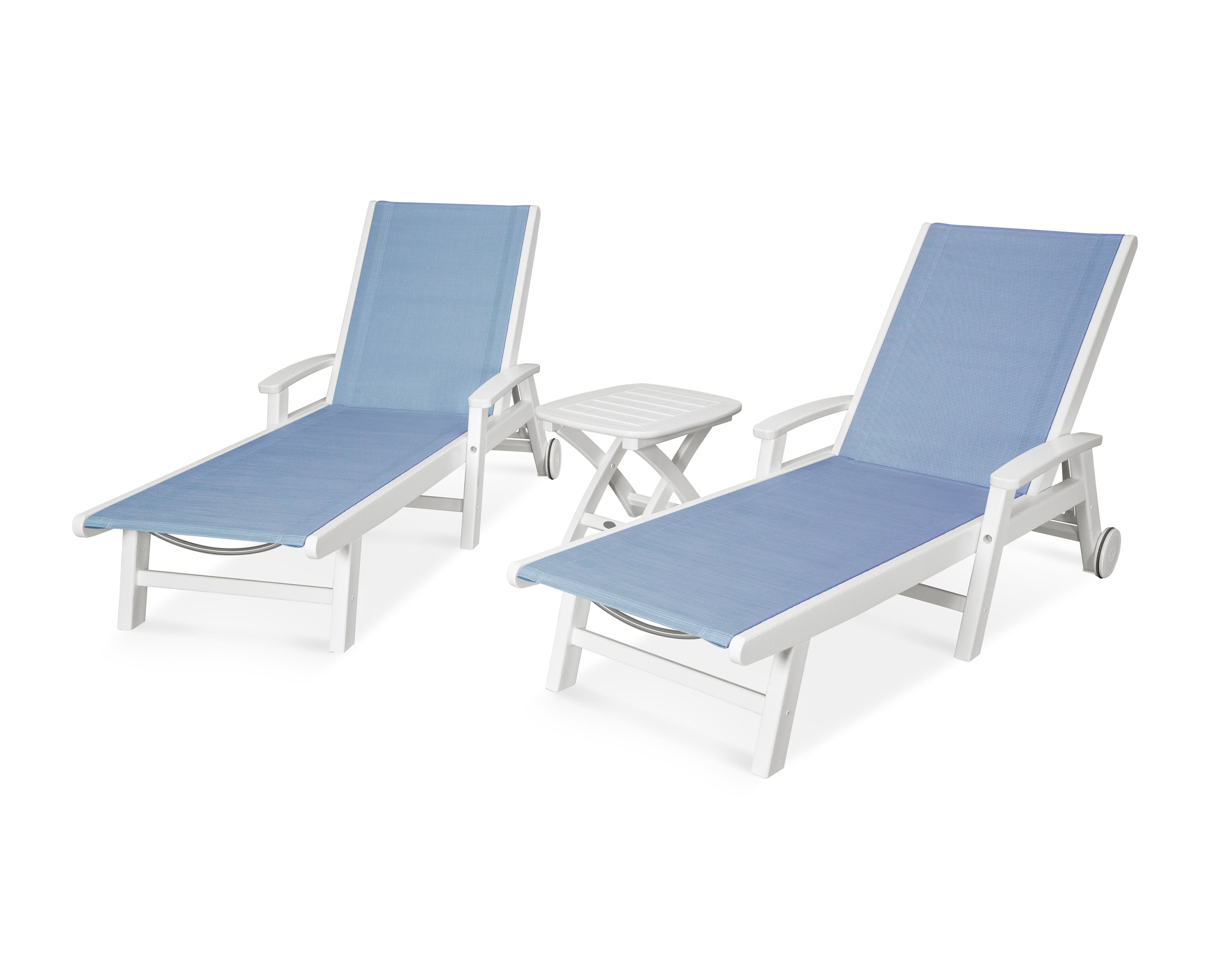 Coastal 3-Piece Wheeled Chaise Set in White / Poolside Sling