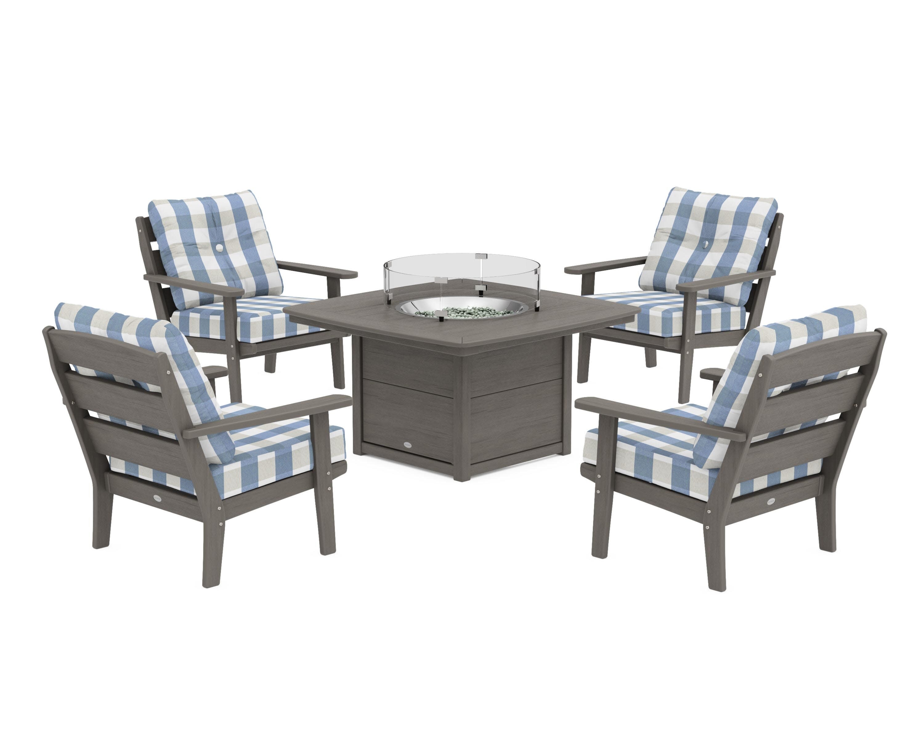 Lakeside 5-Piece Deep Seating Set with Nautical Fire Pit Table in Driftwood / Buffalo Plaid Sky Blue