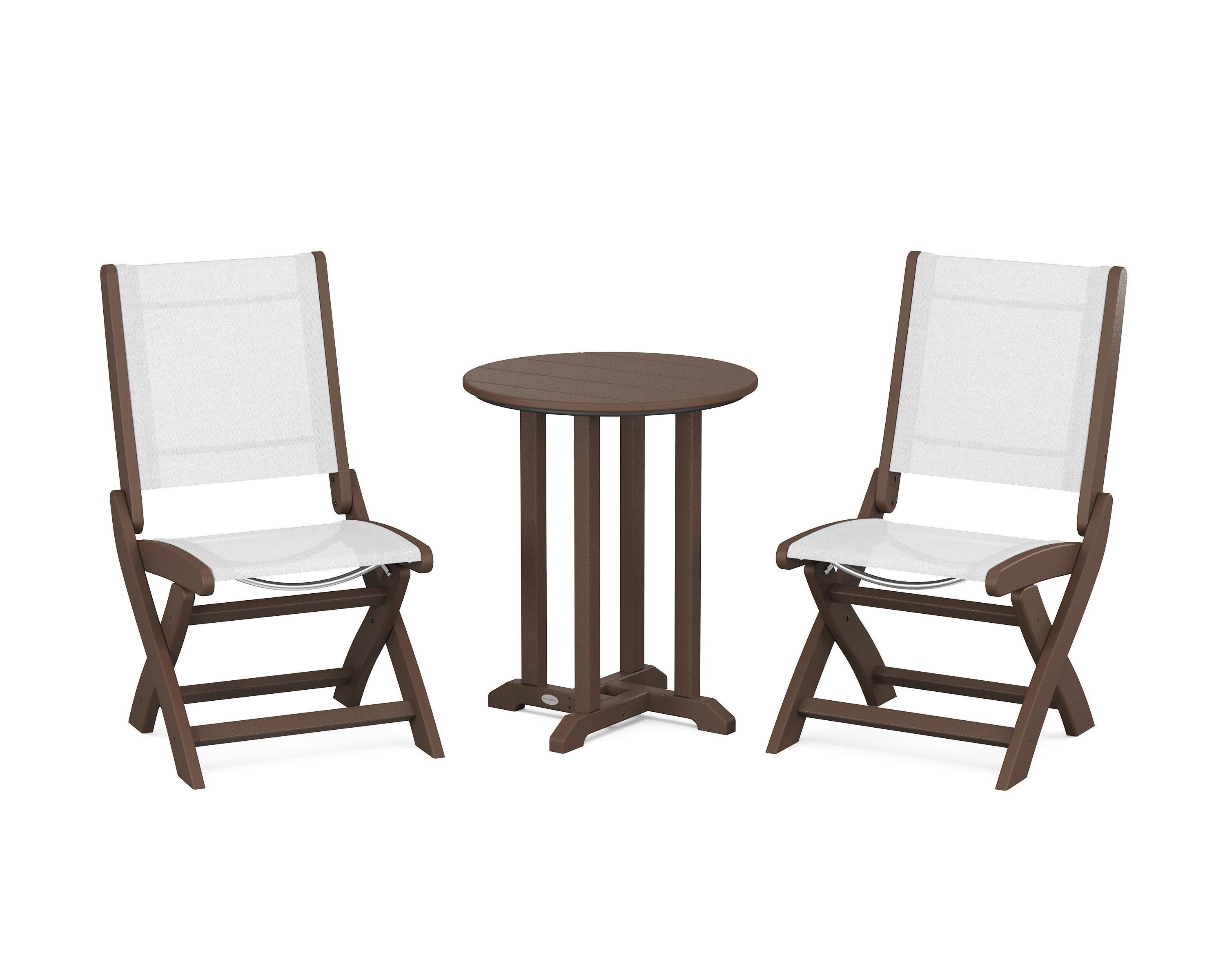 Coastal Folding Side Chair 3-Piece Round Bistro Dining Set in Mahogany / White Sling