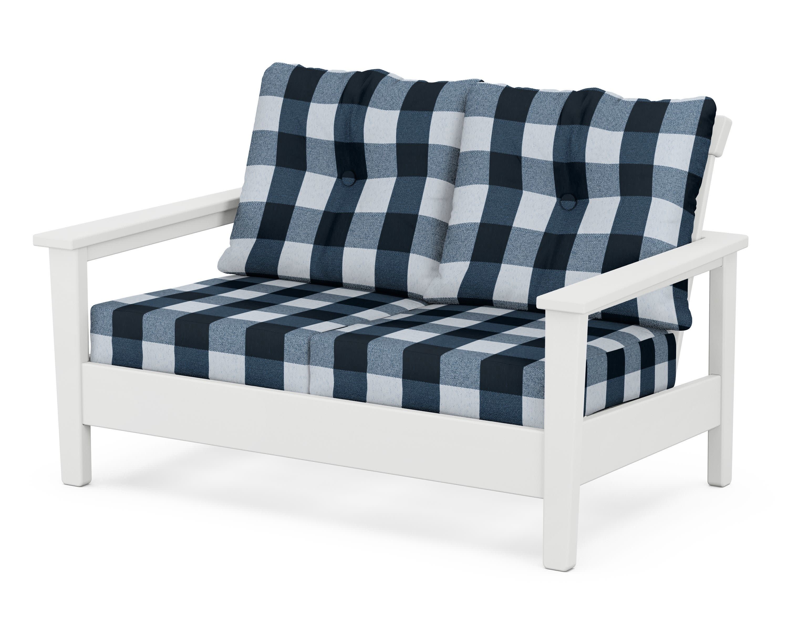 Prescott Deep Seating Loveseat in White / Buffalo Plaid Marine Indigo