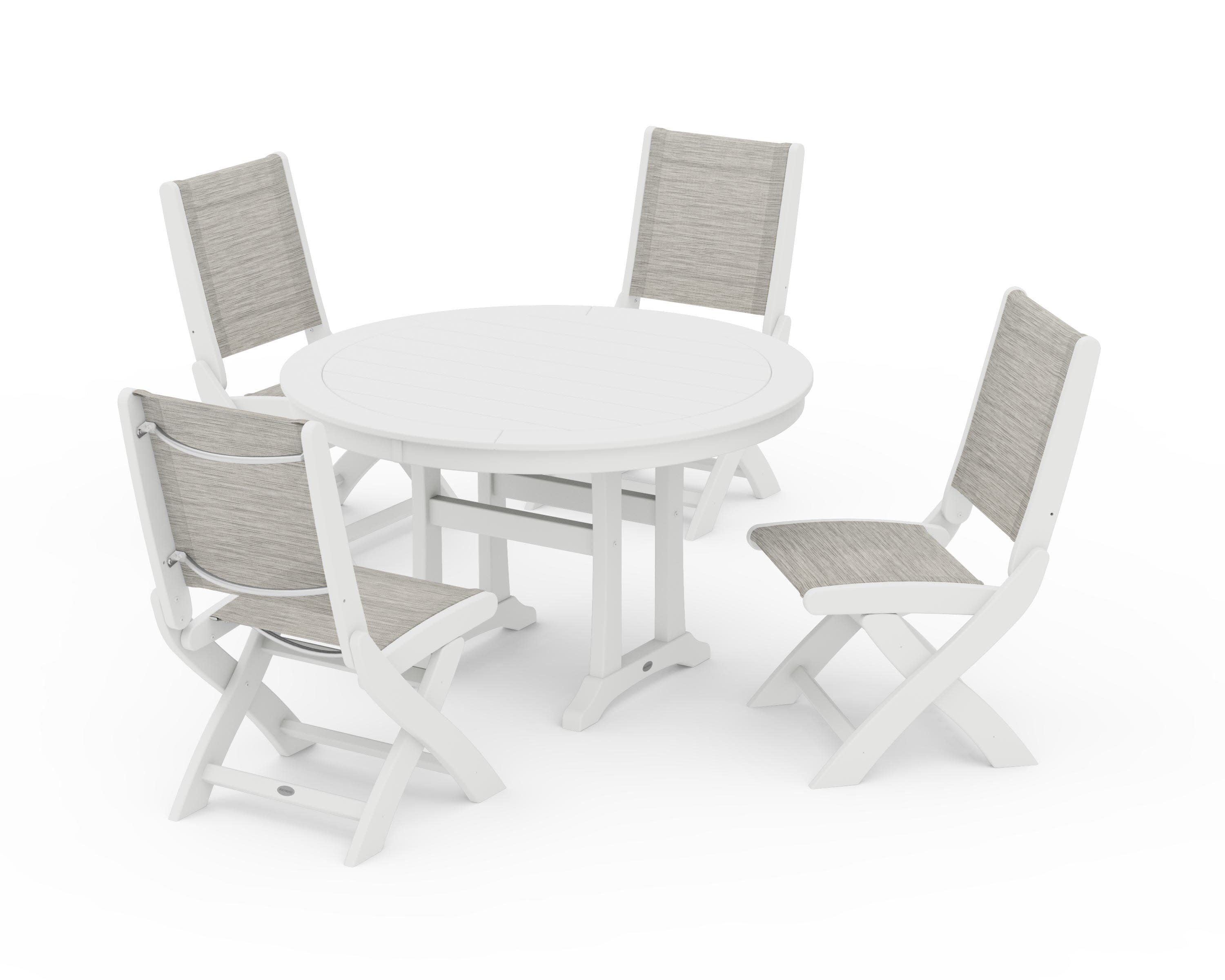 Coastal Folding Side Chair 5-Piece Round Dining Set With Trestle Legs in White / Birch Sling