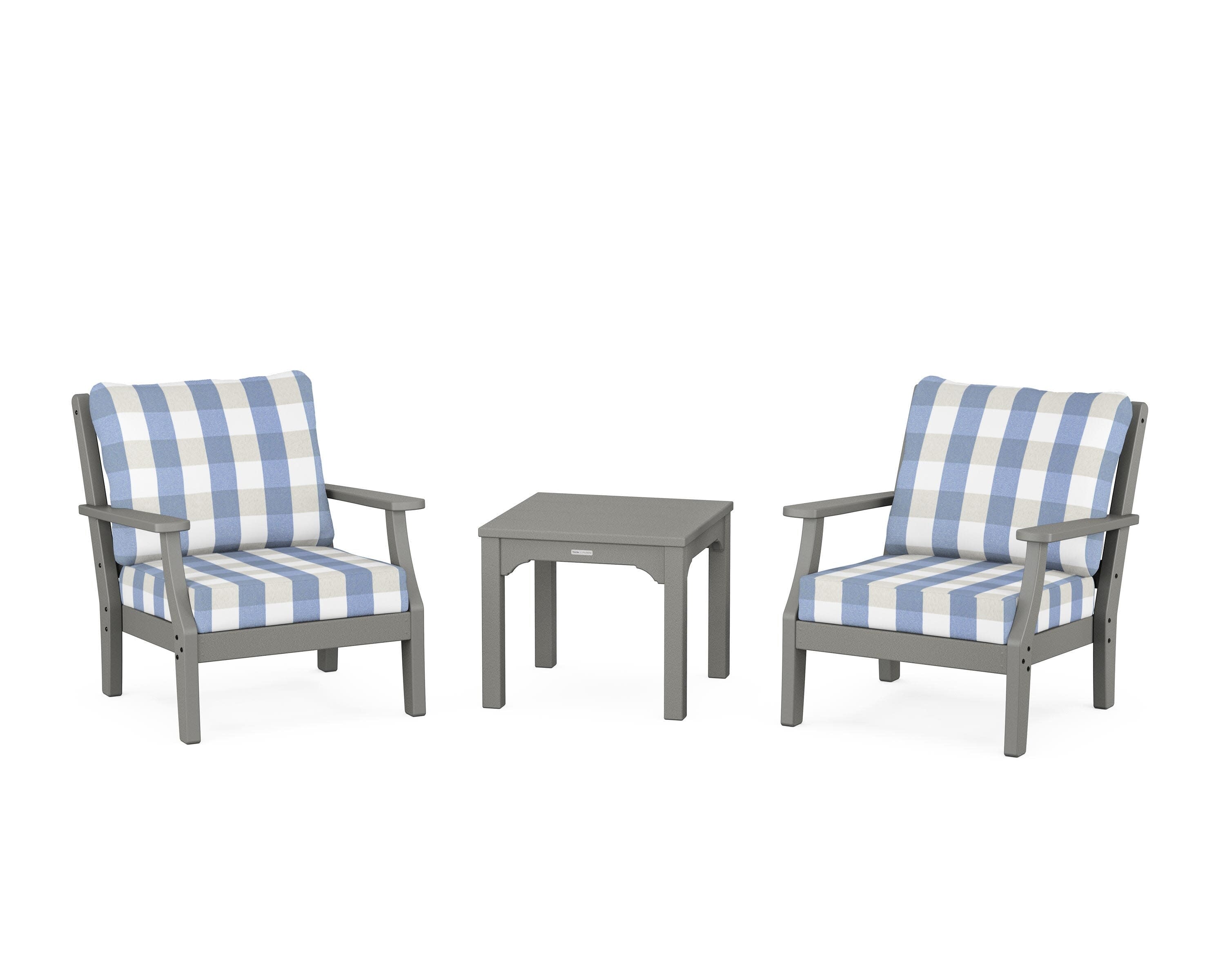 Chinoiserie 3-Piece Deep Seating Set in Slate Grey / Buffalo Plaid Sky Blue