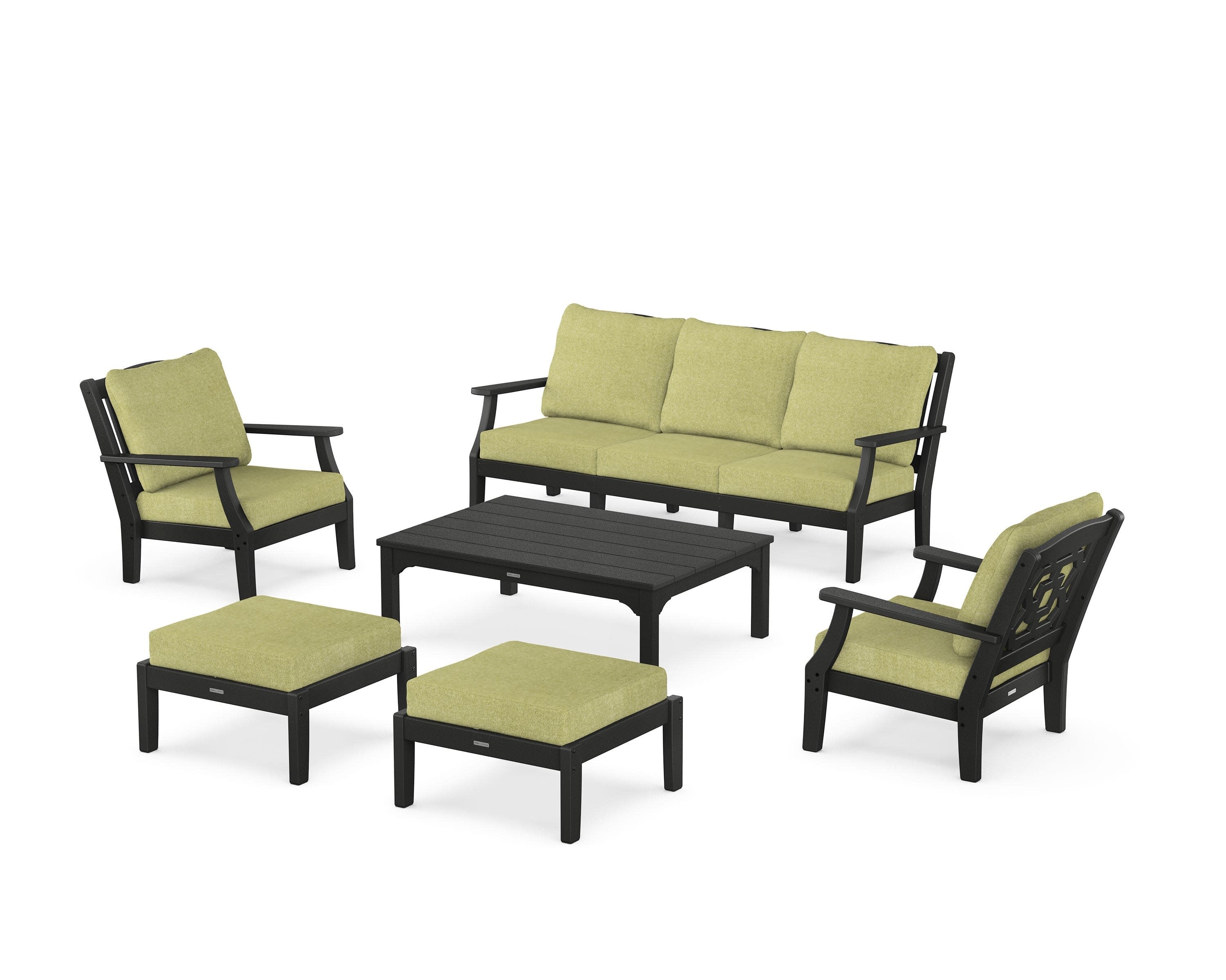 Chinoiserie 6-Piece Lounge Sofa Set in Black / Chartreuse Boucle